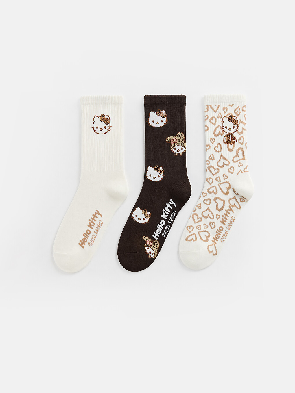 Ekru Hello Kitty Baskılı Kadın Soket Çorap 3'lü