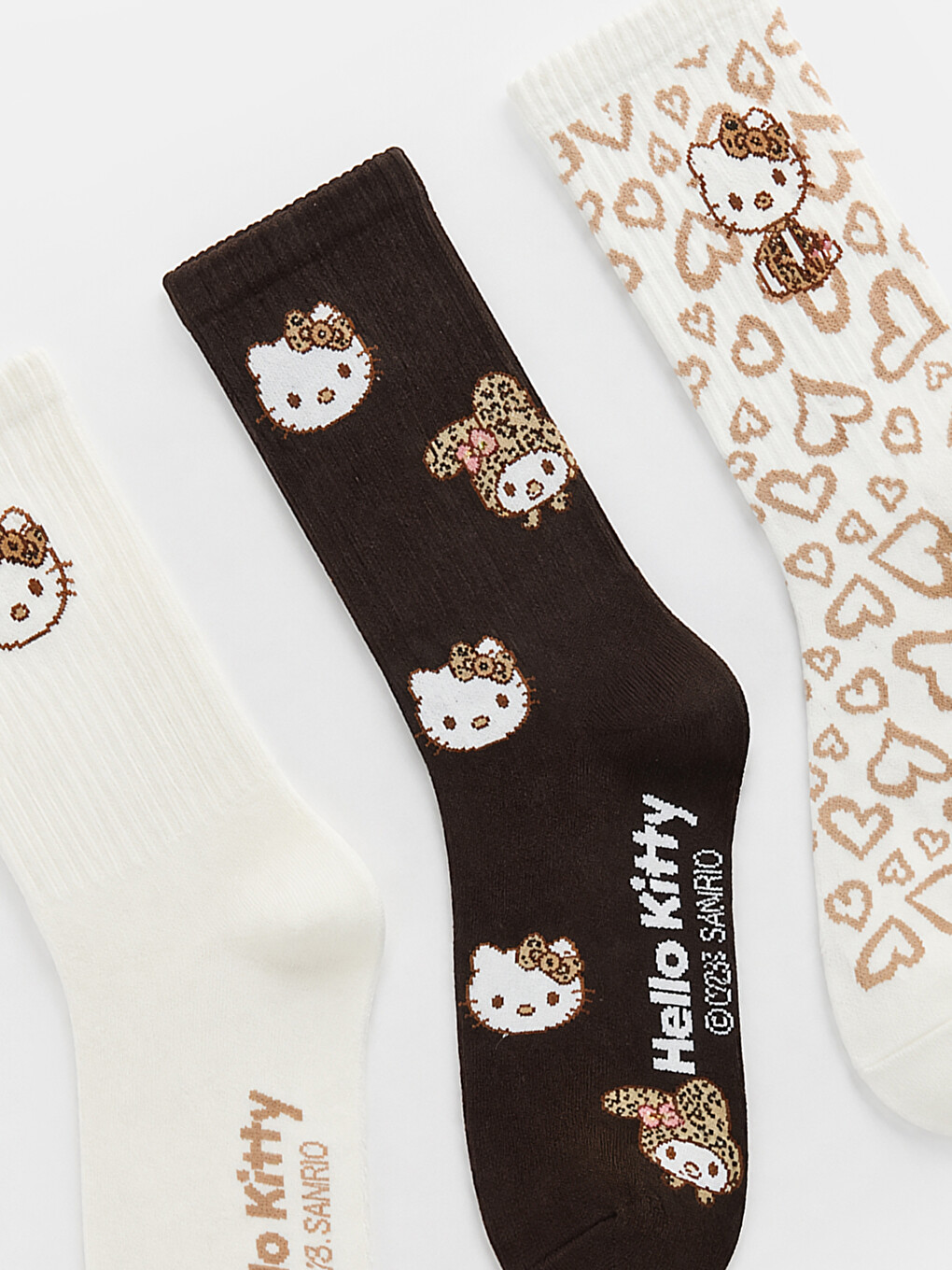Ekru Hello Kitty Baskılı Kadın Soket Çorap 3'lü-1