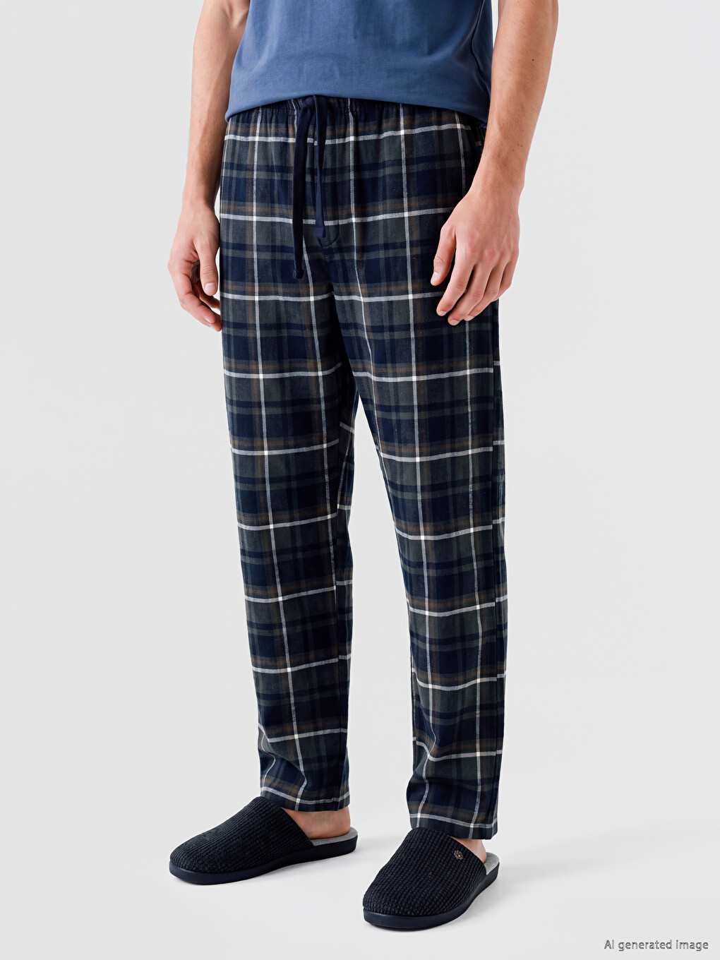 Lacivert Regular Fit Ekose Erkek Pijama Alt-1