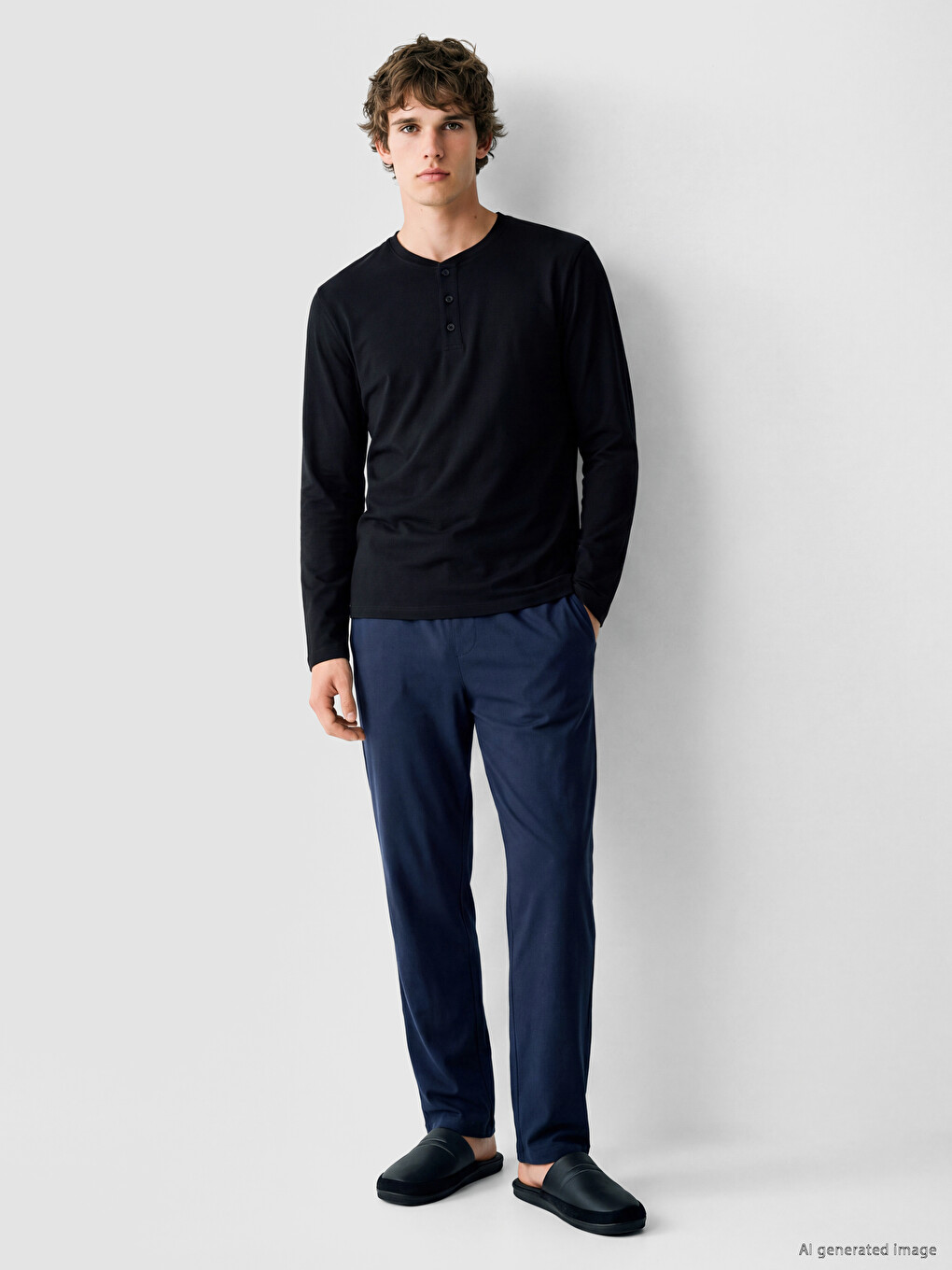 Henley Collar Long Sleeve Men's Pyjamas Top-1