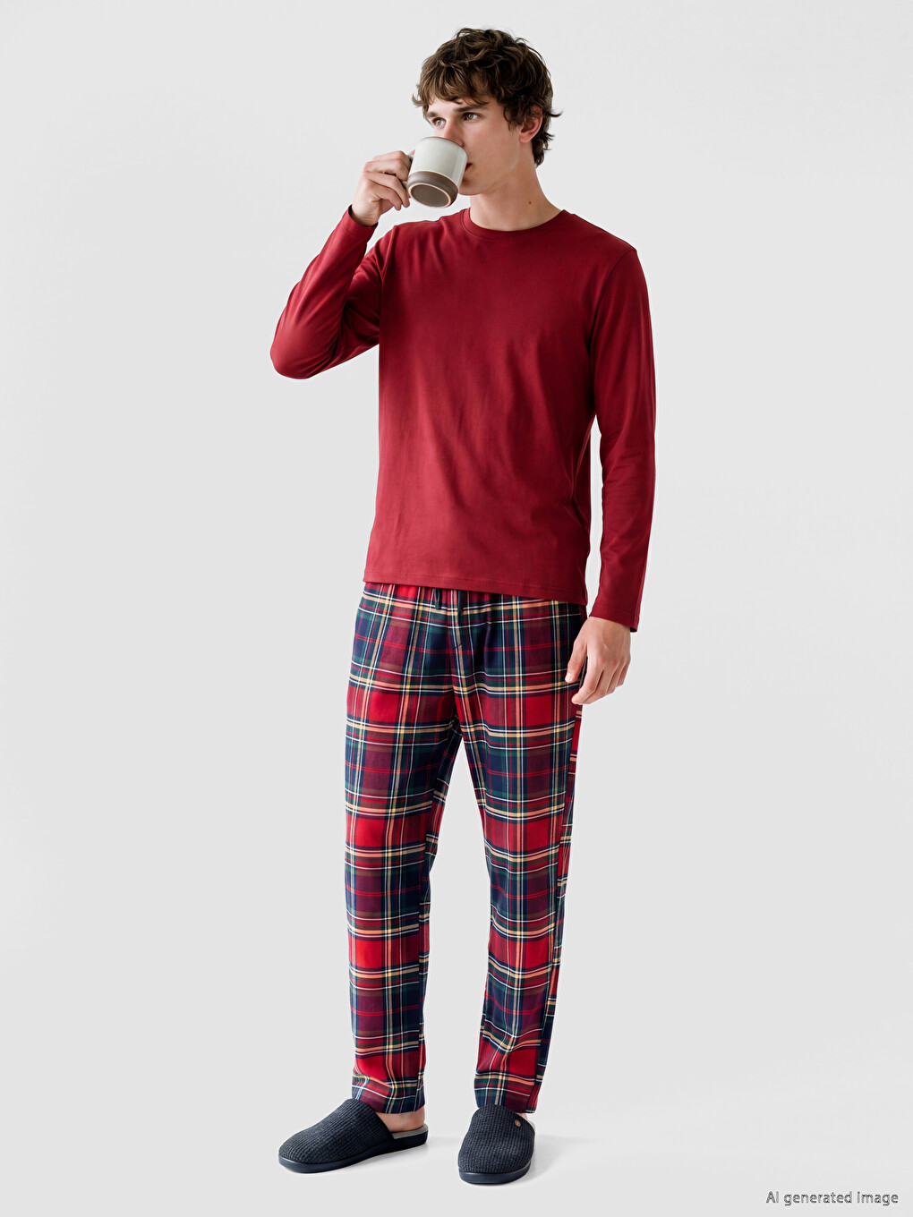 Bordo Regular Fit Ekose Erkek Pijama Alt