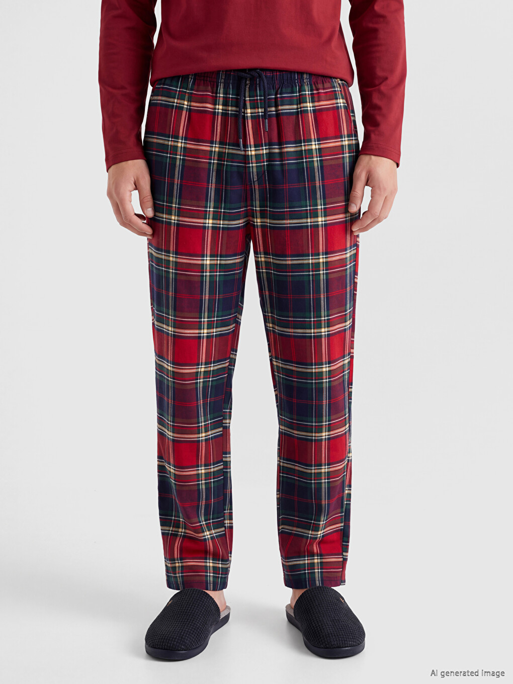 Bordo Regular Fit Ekose Erkek Pijama Alt-1