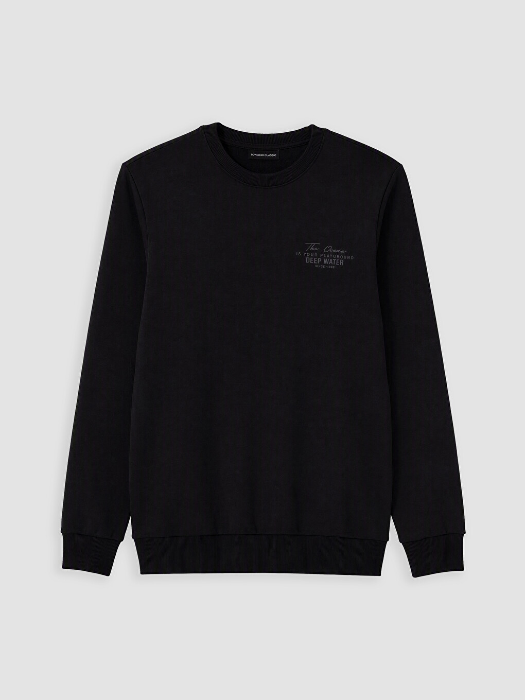Siyah Bisiklet Yaka Baskılı Erkek Kalın Sweatshirt-3
