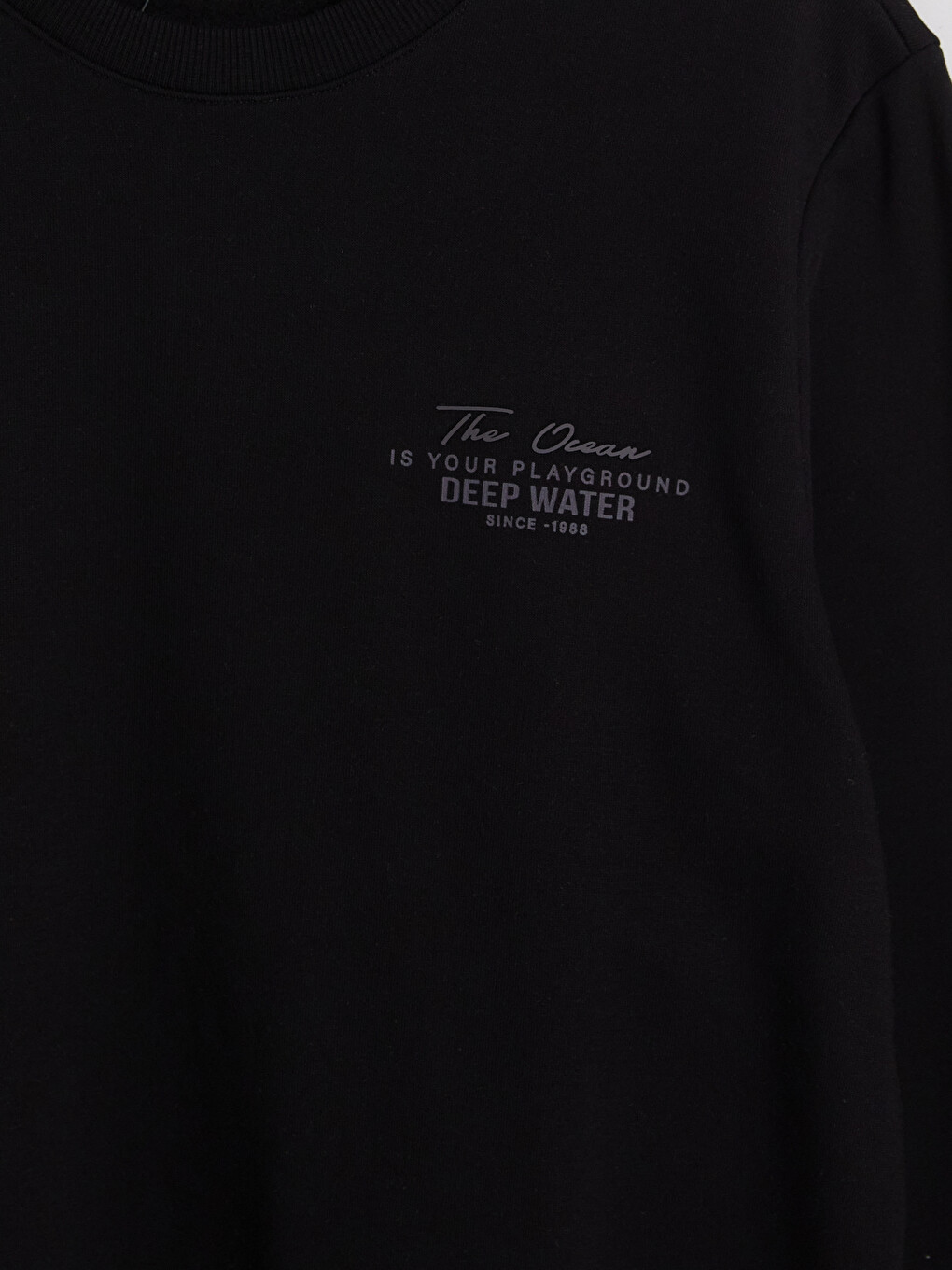 Siyah Bisiklet Yaka Baskılı Erkek Kalın Sweatshirt-4