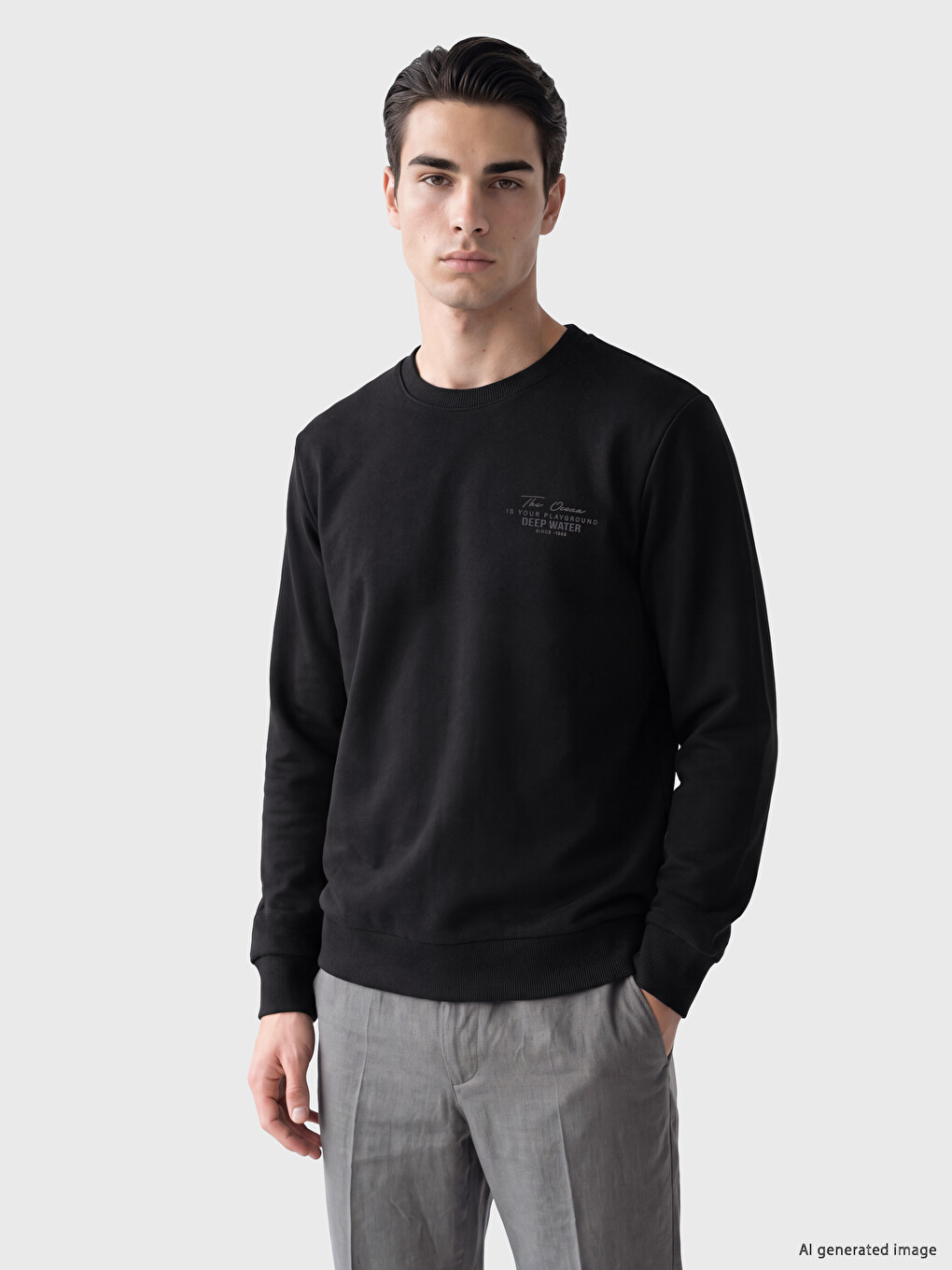 Siyah Bisiklet Yaka Baskılı Erkek Kalın Sweatshirt