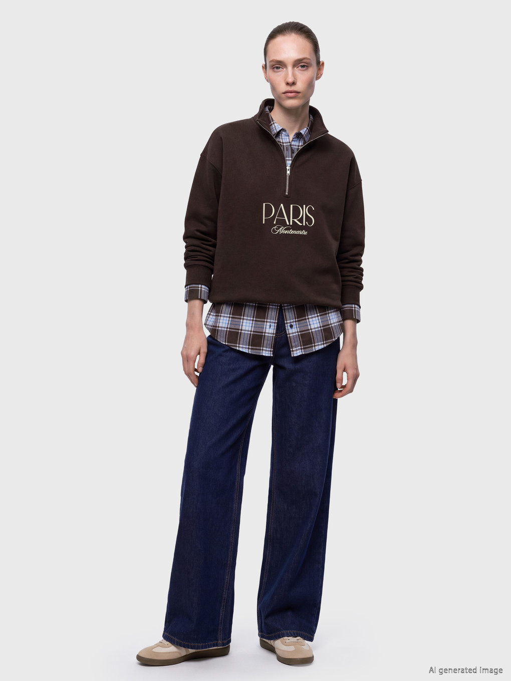 Dik Yaka Nakışlı Kadın Sweatshirt-1