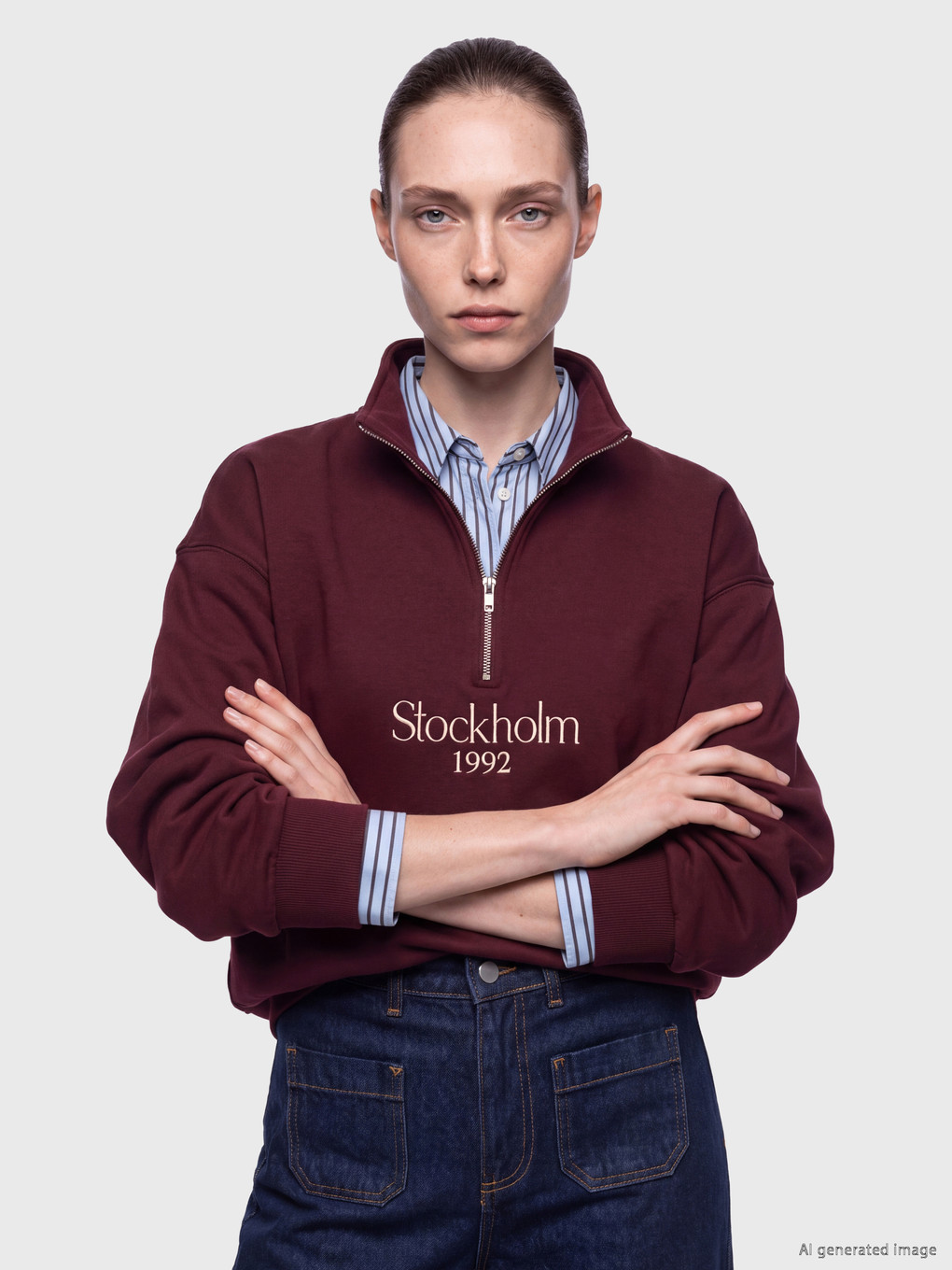 Mürdüm Dik Yaka Nakışlı Kadın Sweatshirt