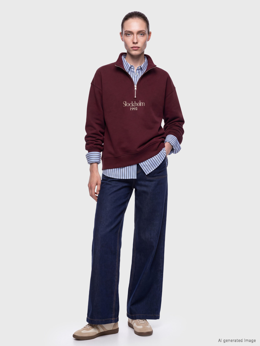 Mürdüm Dik Yaka Nakışlı Kadın Sweatshirt-1