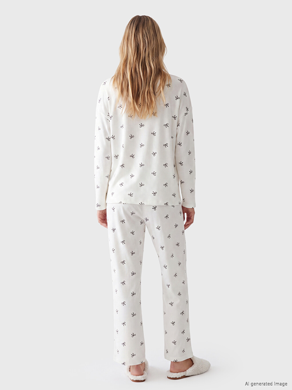 Beyaz Fiyonk Baskılı Kadın Kadife Pijama Takımı-3