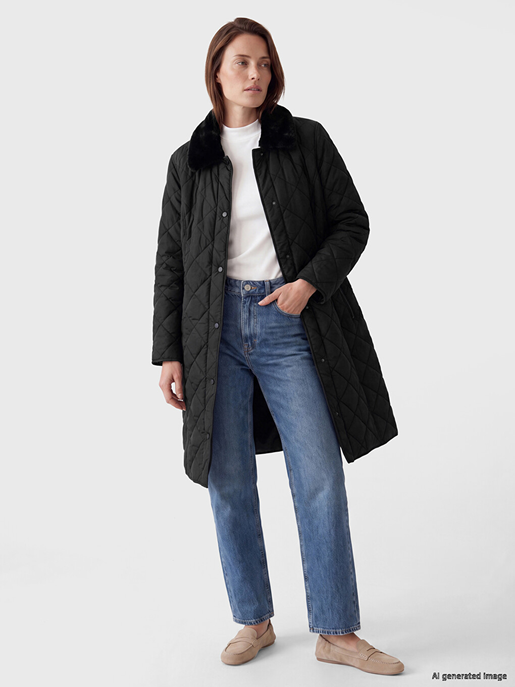 Fur Detailed Shirt Collar Quilted Women's Puffer Coat