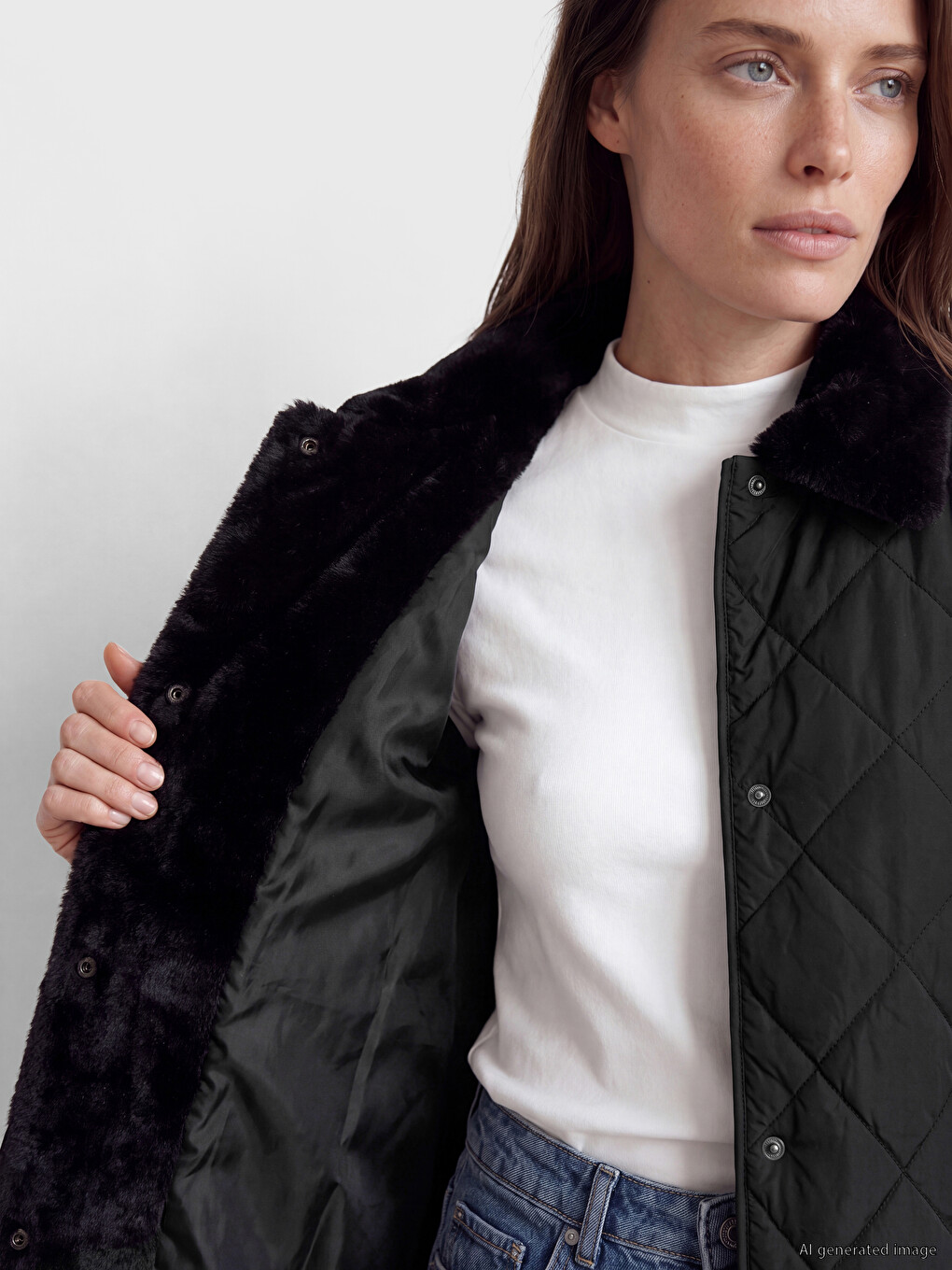 Fur Detailed Shirt Collar Quilted Women's Puffer Coat-3