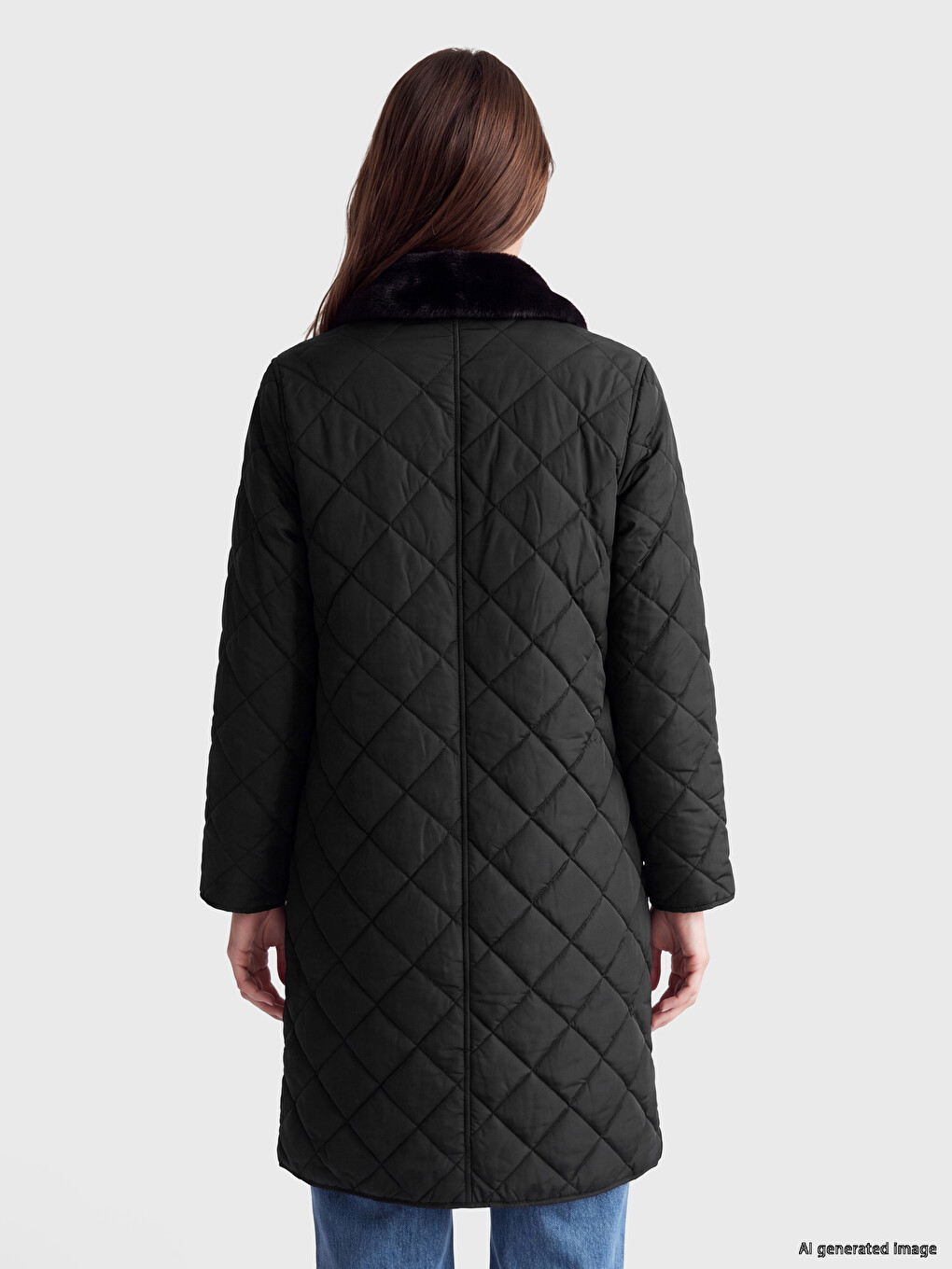 Fur Detailed Shirt Collar Quilted Women's Puffer Coat-4