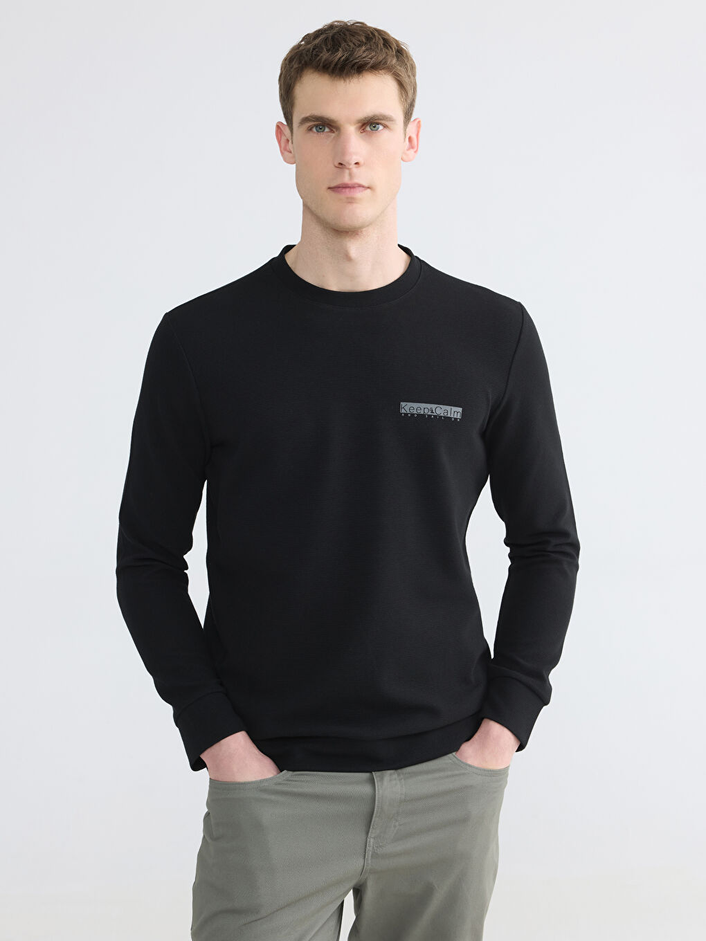 Siyah Bisiklet Yaka Baskılı Erkek Sweatshirt
