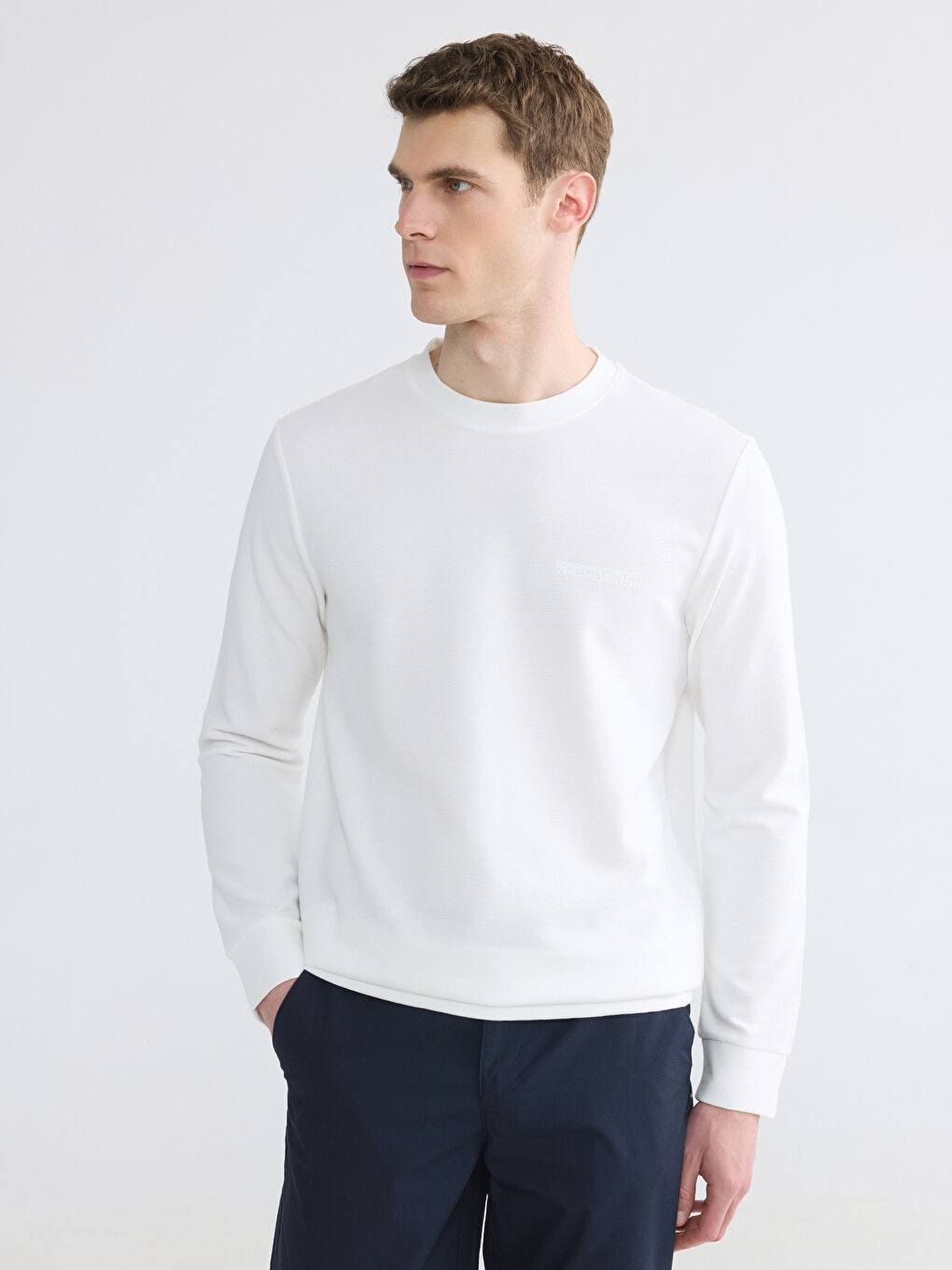 Ekru Bisiklet Yaka Baskılı Erkek Sweatshirt