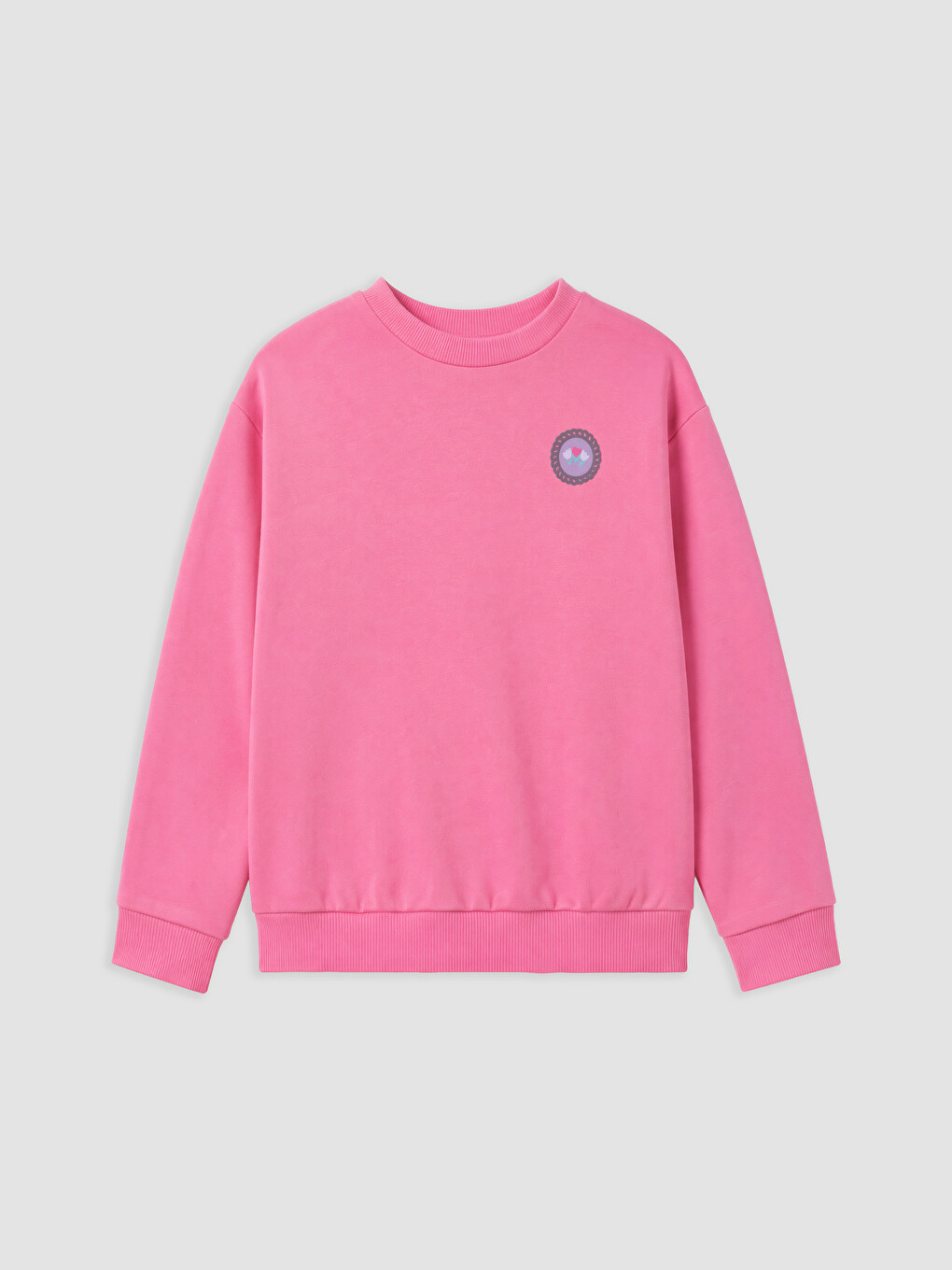 Pembe Bisiklet Yaka Nakışlı Kız Çocuk Sweatshirt