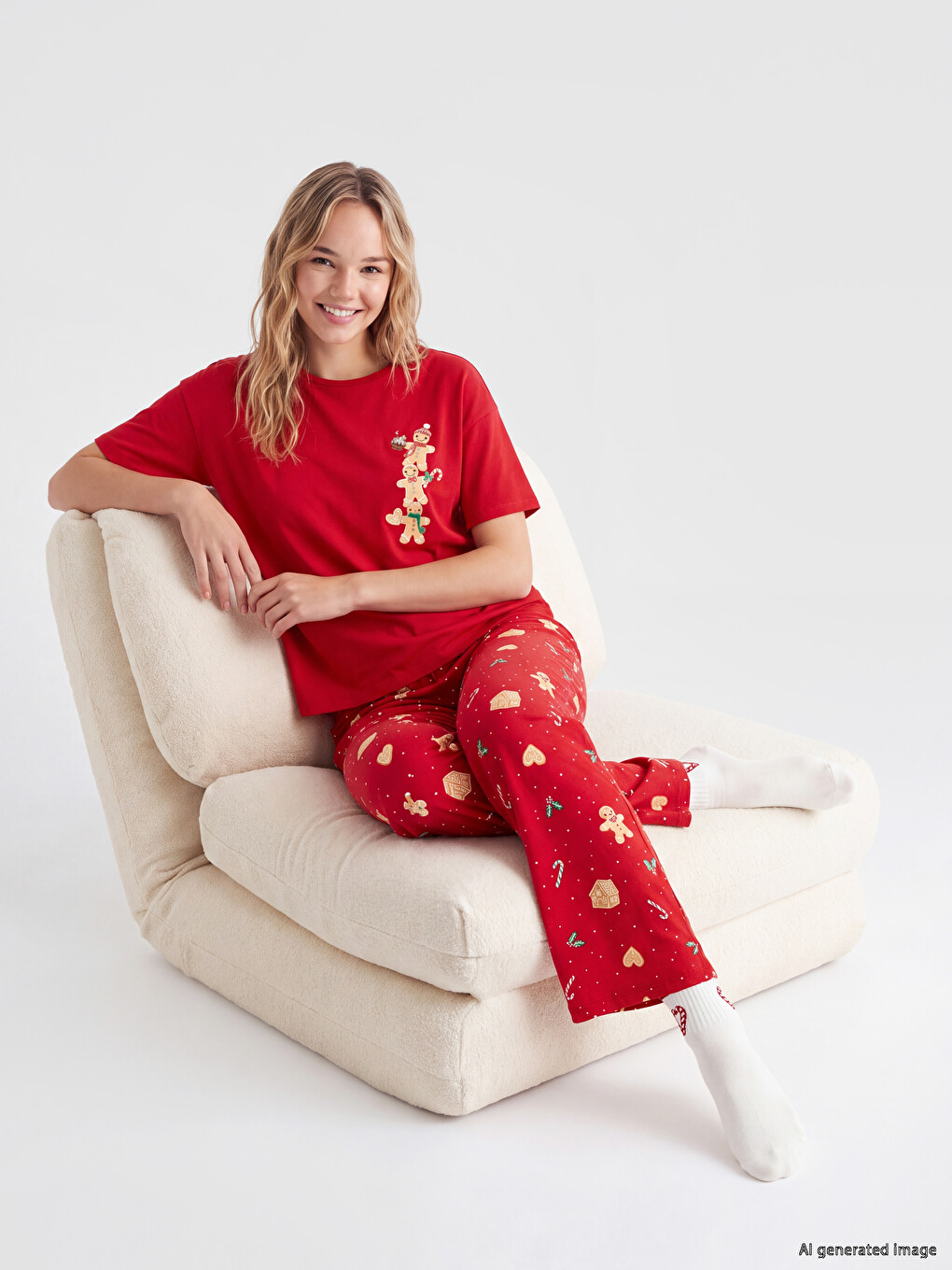 Kırmızı Yılbaşı Temalı Kadın Pijama Takımı