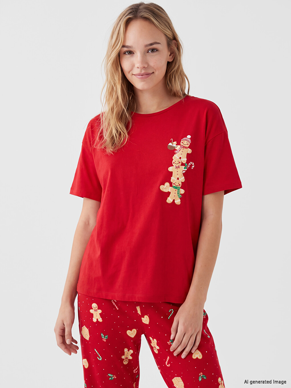 Kırmızı Yılbaşı Temalı Kadın Pijama Takımı-1