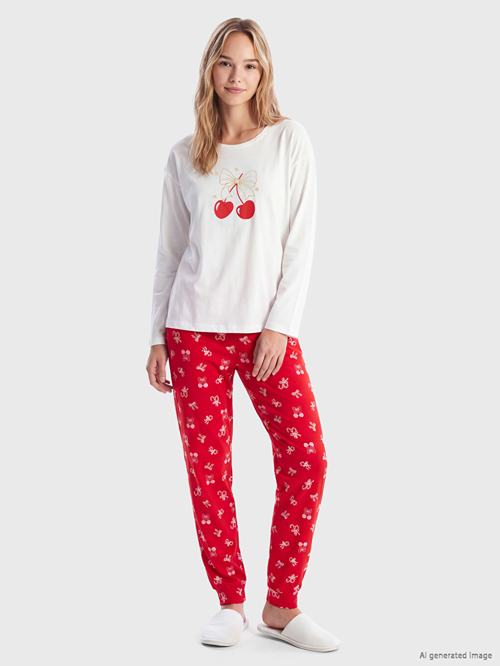 Kırmızı Bisiklet Yaka Kadın Pijama Takımı