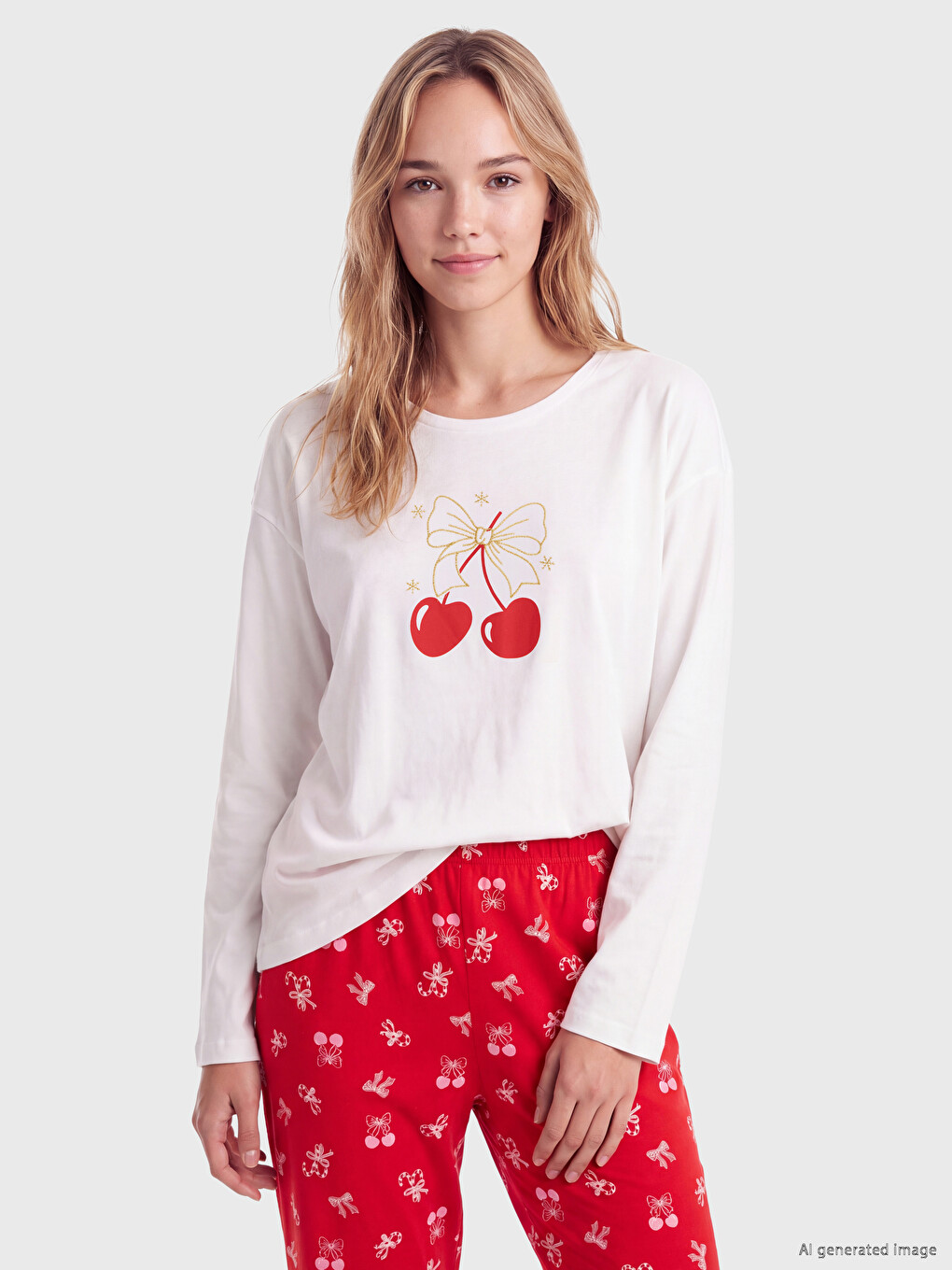 Kırmızı Bisiklet Yaka Kadın Pijama Takımı-1