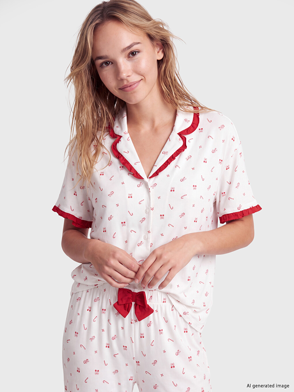 Ekru Yılbaşı Temalı Kadın Pijama Takım-1