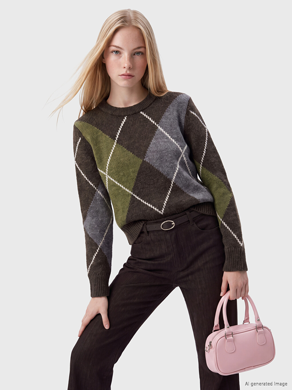 Argyle Patterned Women's Knitwear Sweater-1