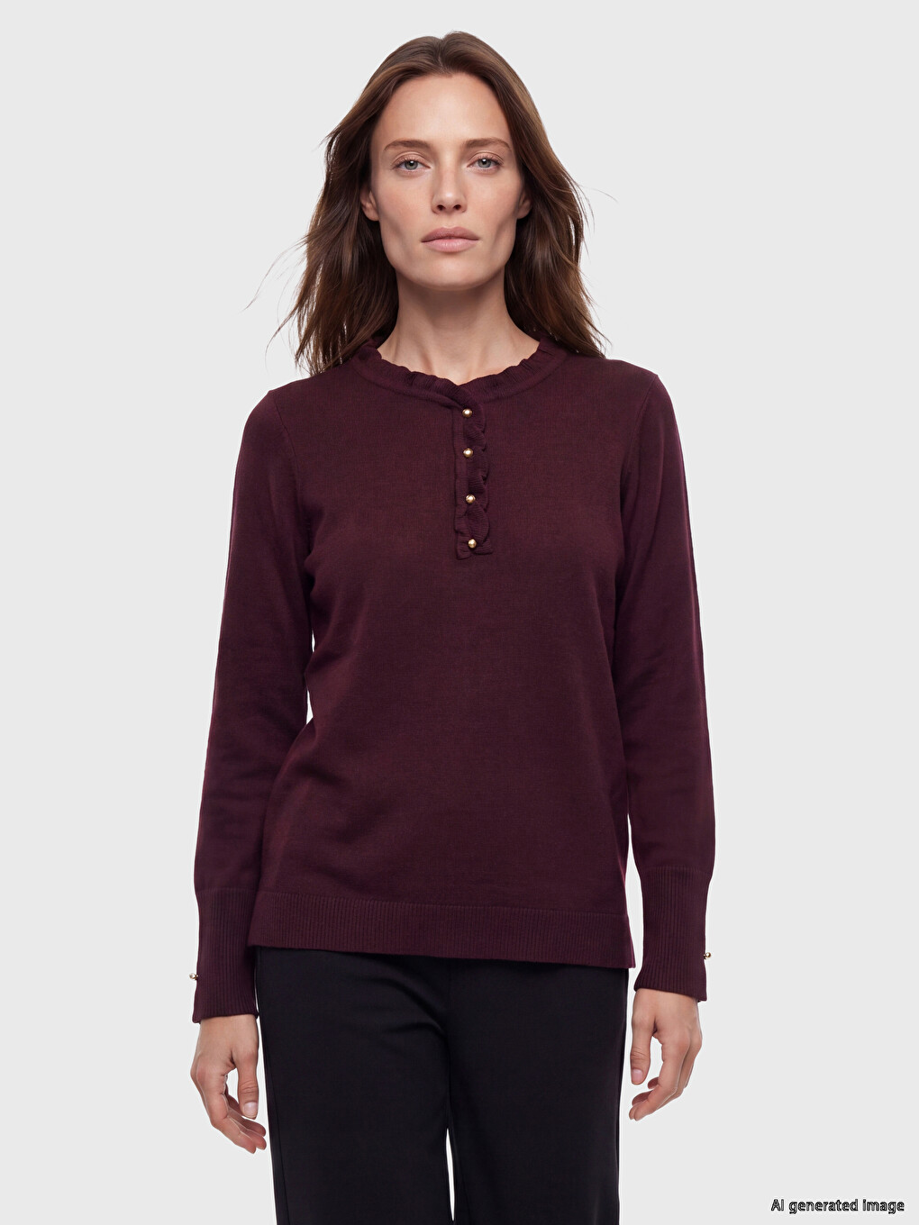 Ruffled Crew Neck Women's Knitwear Sweater