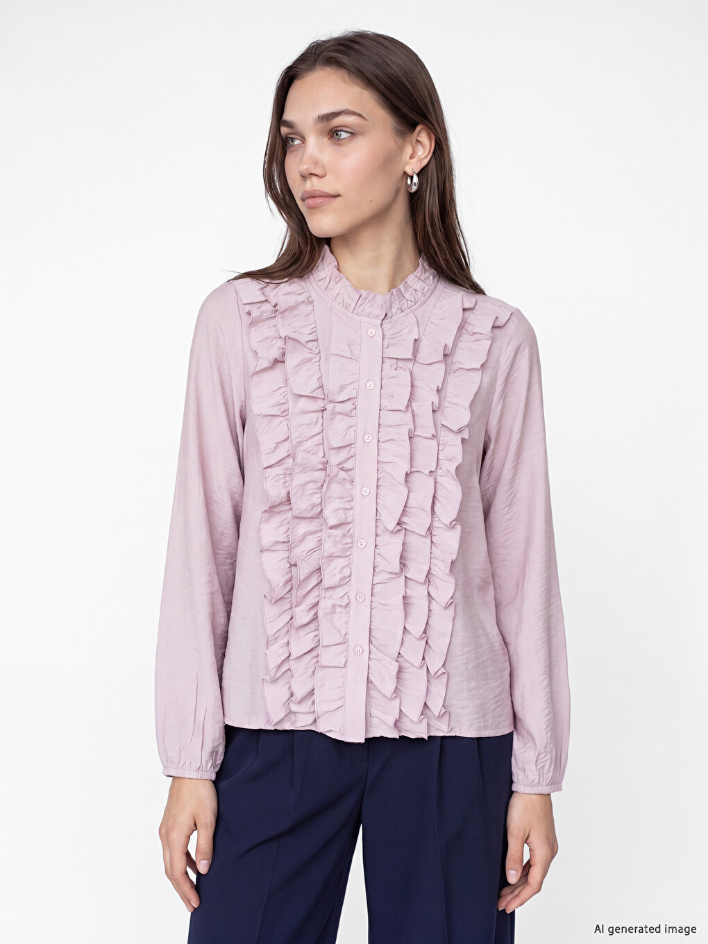 Ruffle Detailed Grandad Collar Women's Blouse