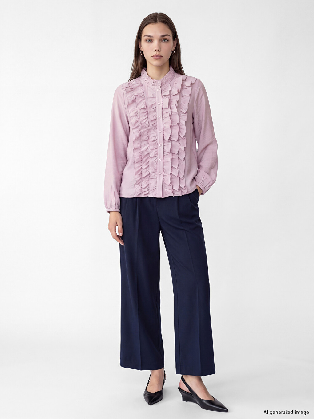Ruffle Detailed Grandad Collar Women's Blouse-1