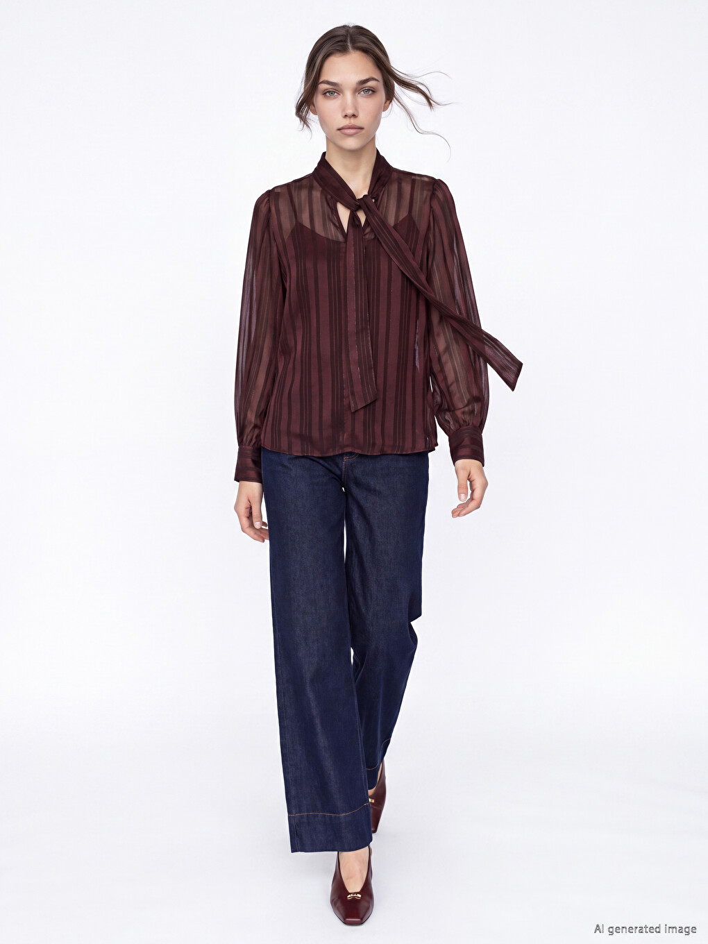 Scarf Neck Striped Blouse-1