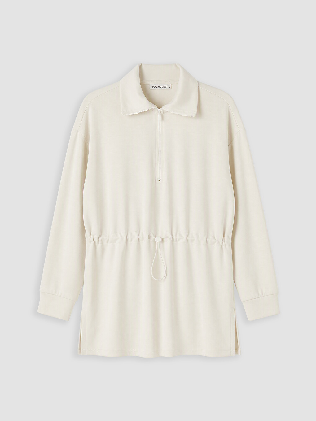 Bej Dik Yaka Oversize Kadın Sweatshirt Tunik