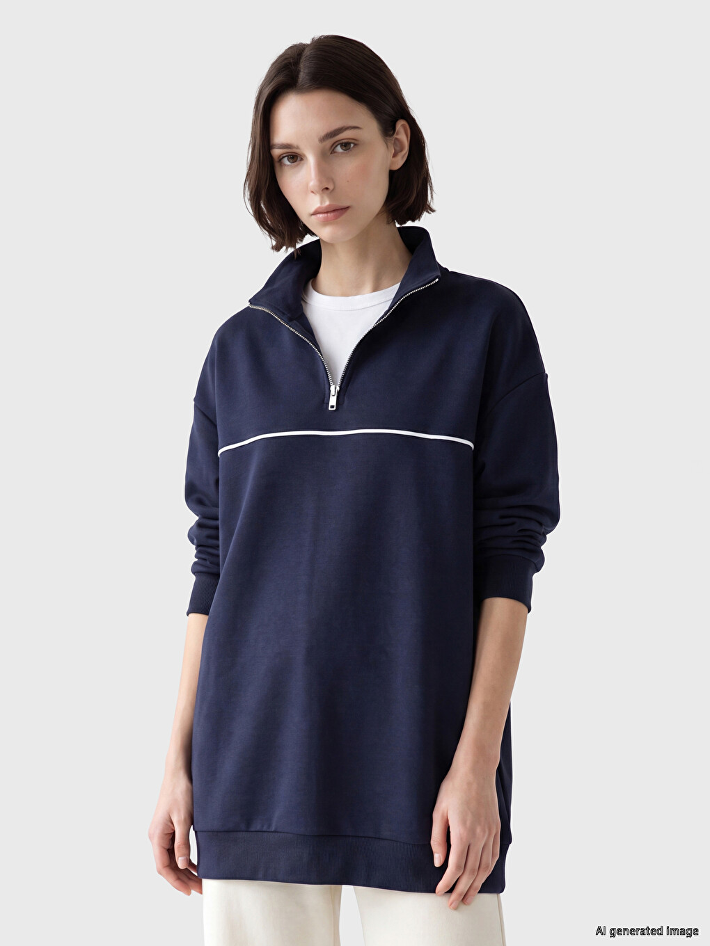 Lacivert Soft Touch Oversize Kadın Sweatshirt Tunik