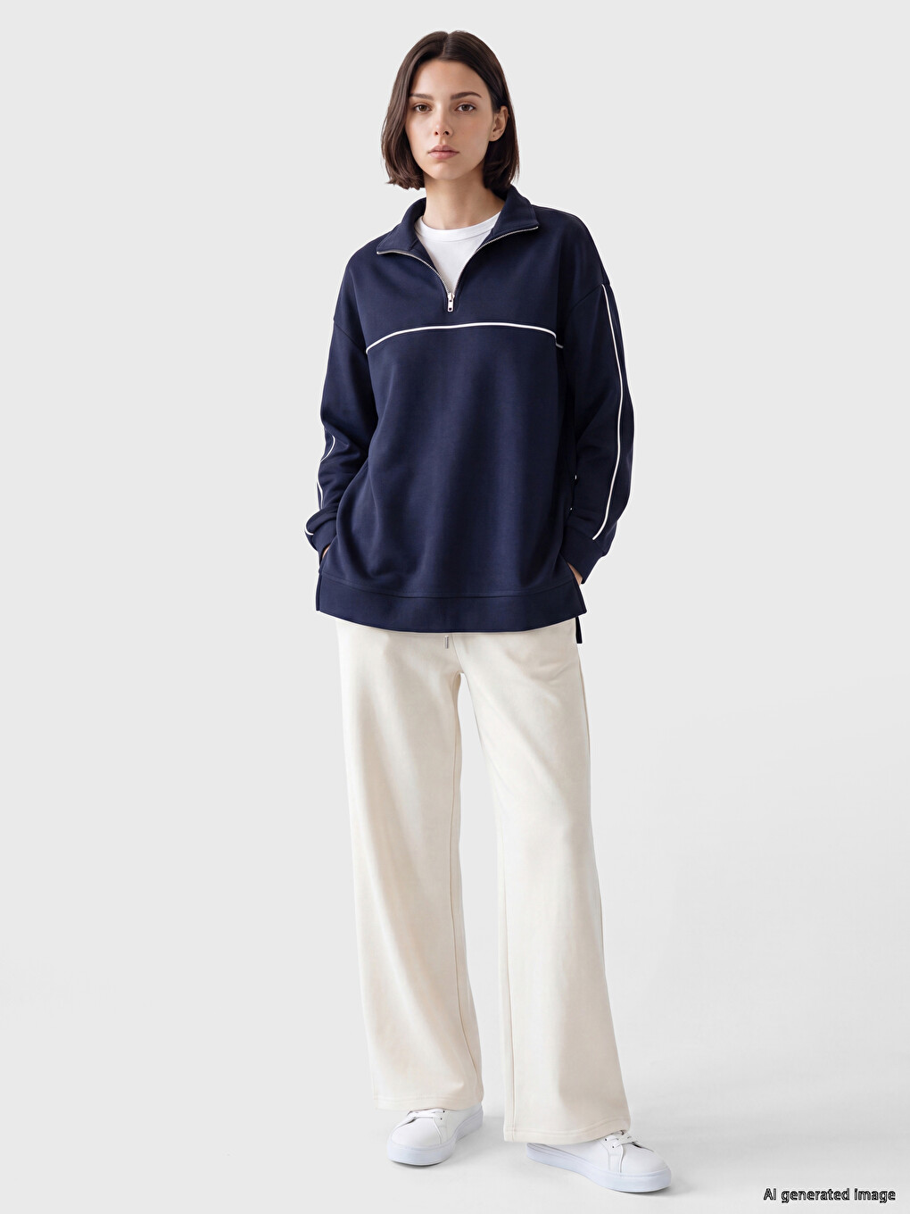 Lacivert Soft Touch Oversize Kadın Sweatshirt Tunik-1