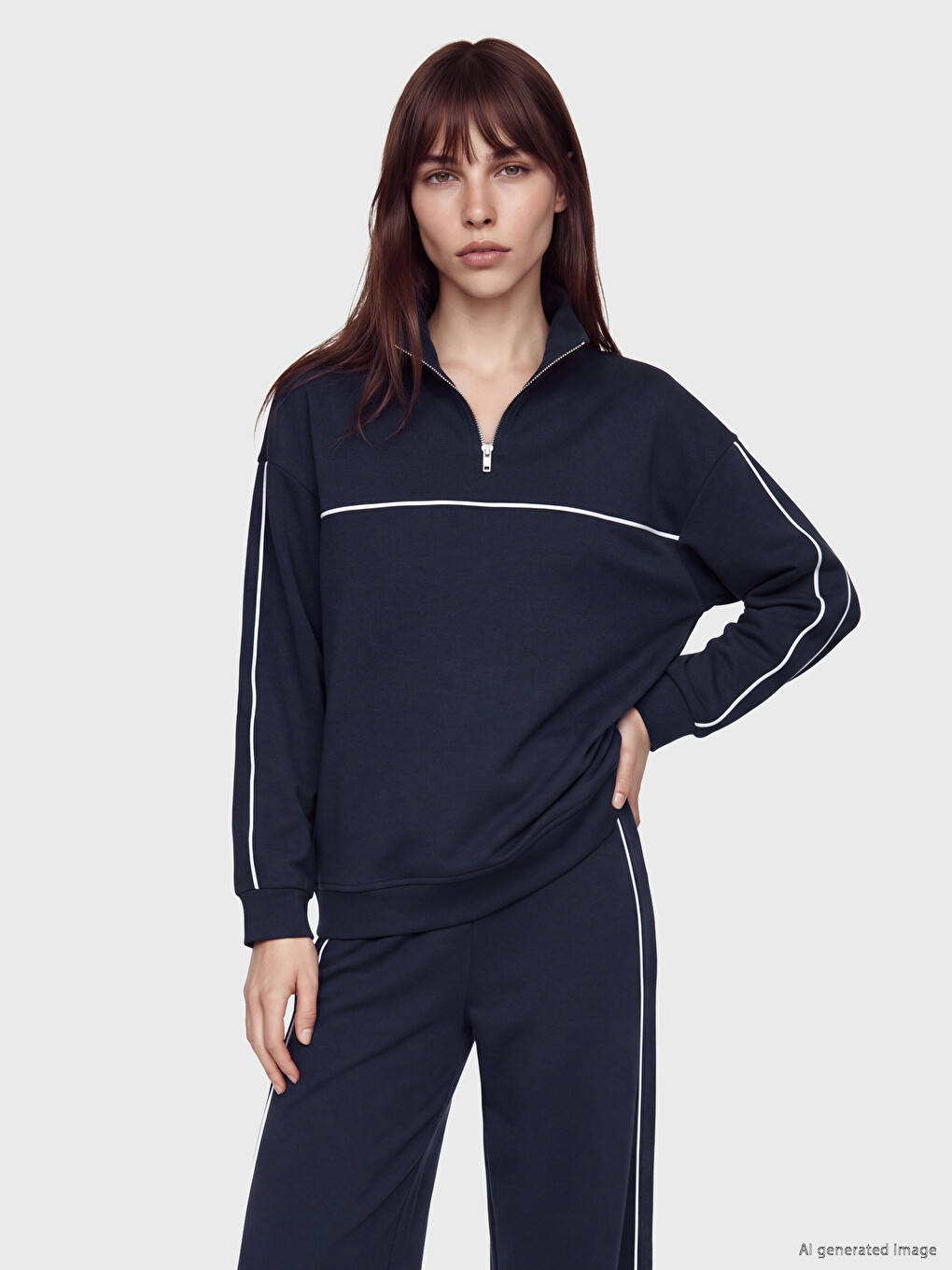 Lacivert Soft Touch Oversize Kadın Sweatshirt Tunik-1