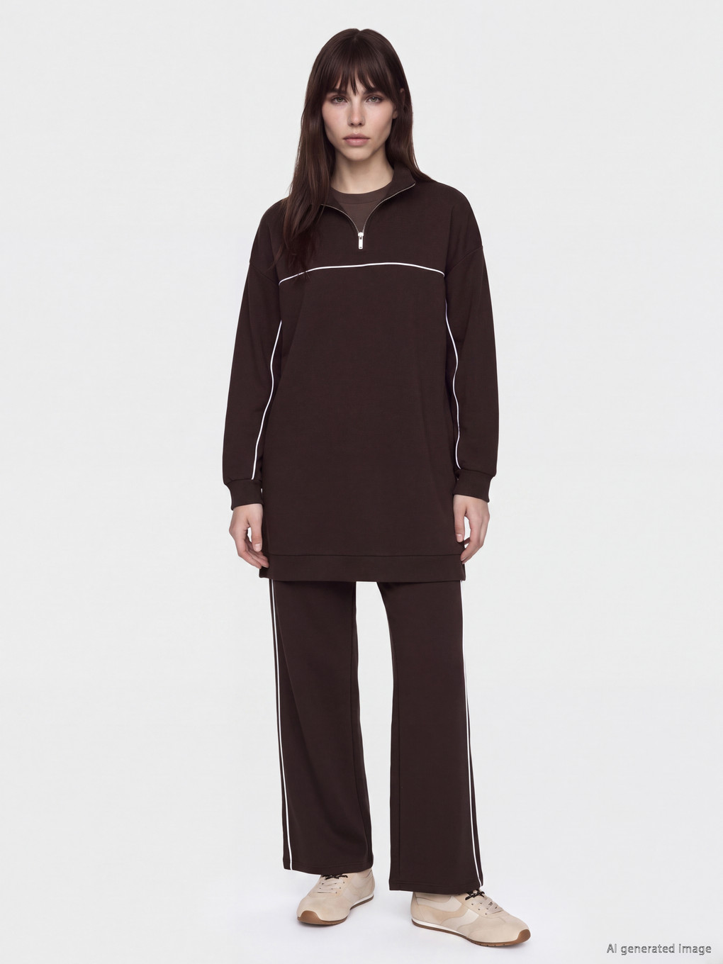 Kahverengi Soft Touch Oversize Kadın Sweatshirt Tunik-1