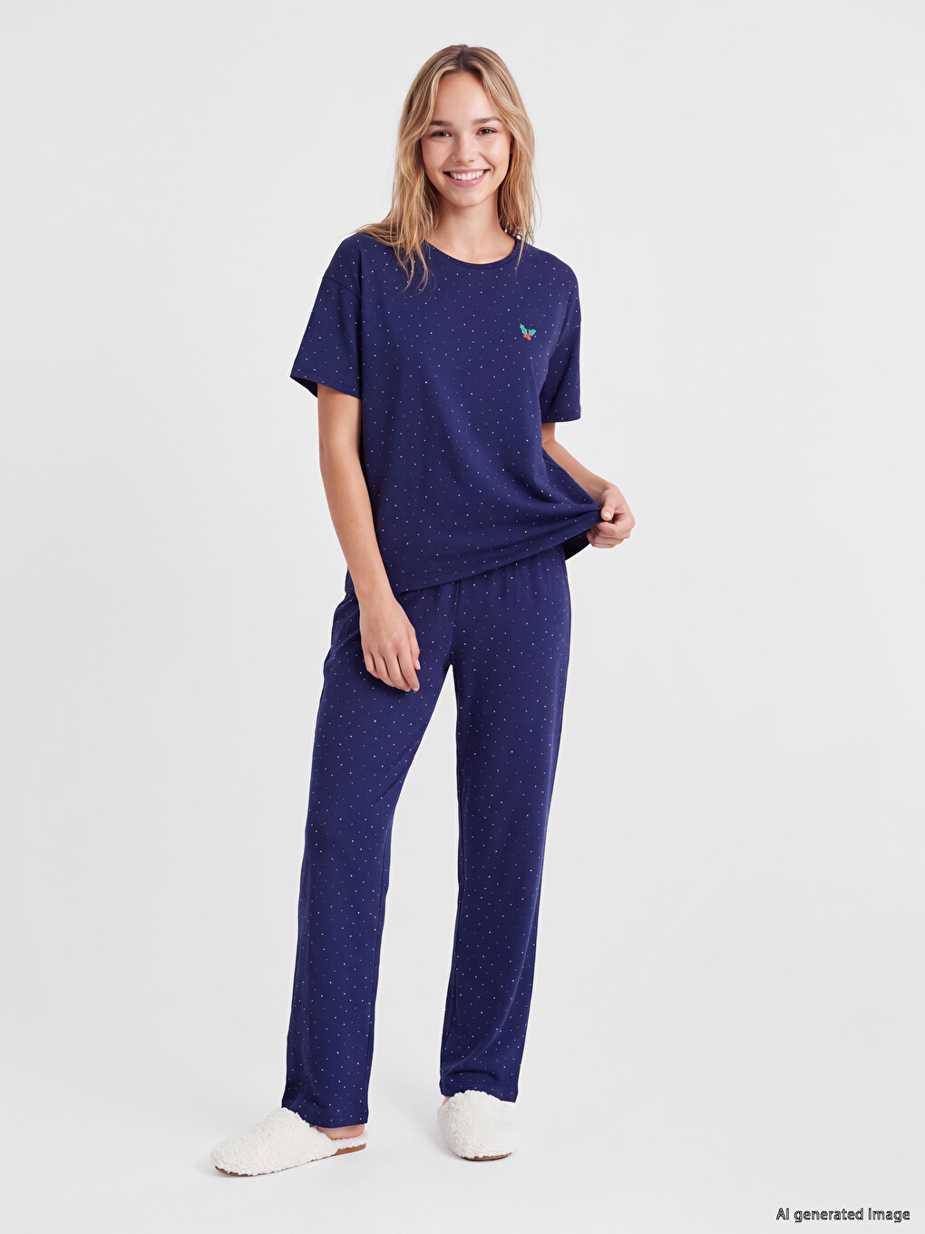 Lacivert Nakışlı Kadın Pijama Takımı
