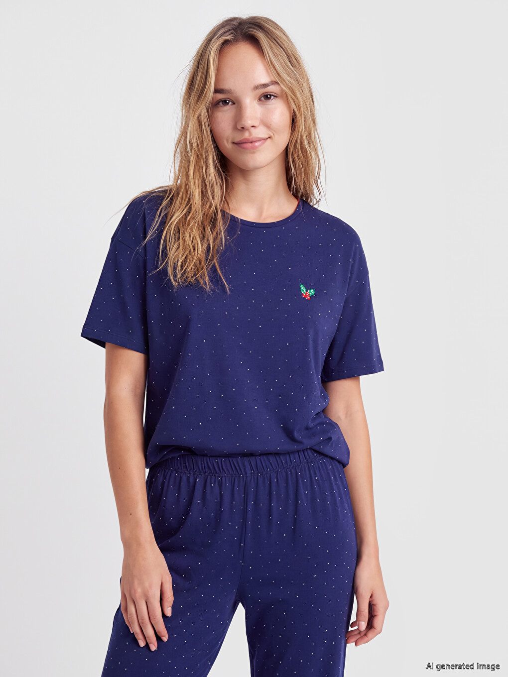 Lacivert Nakışlı Kadın Pijama Takımı-1