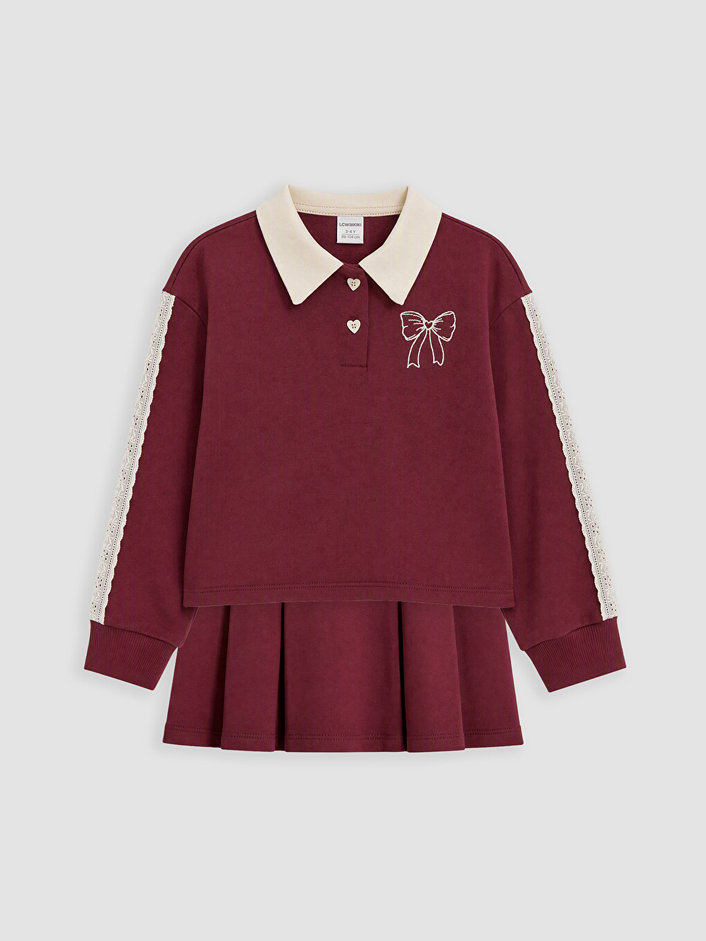 Bordo Polo Yaka Nakışlı Kız Çocuk Takım