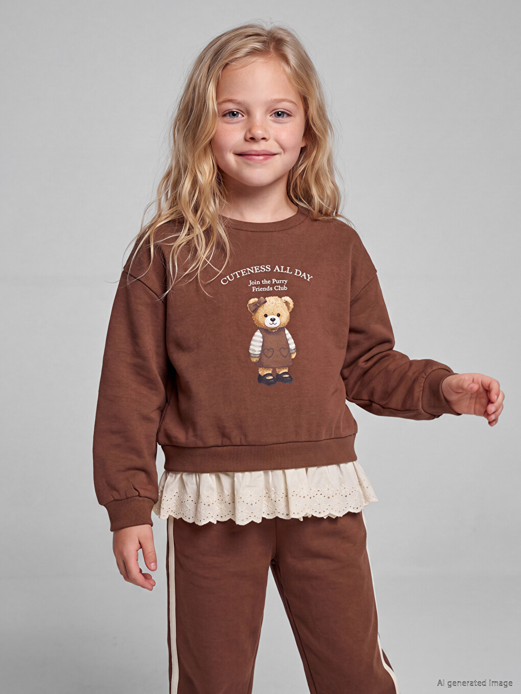 Kahverengi Baskılı Kız Çocuk Kalın Sweatshirt