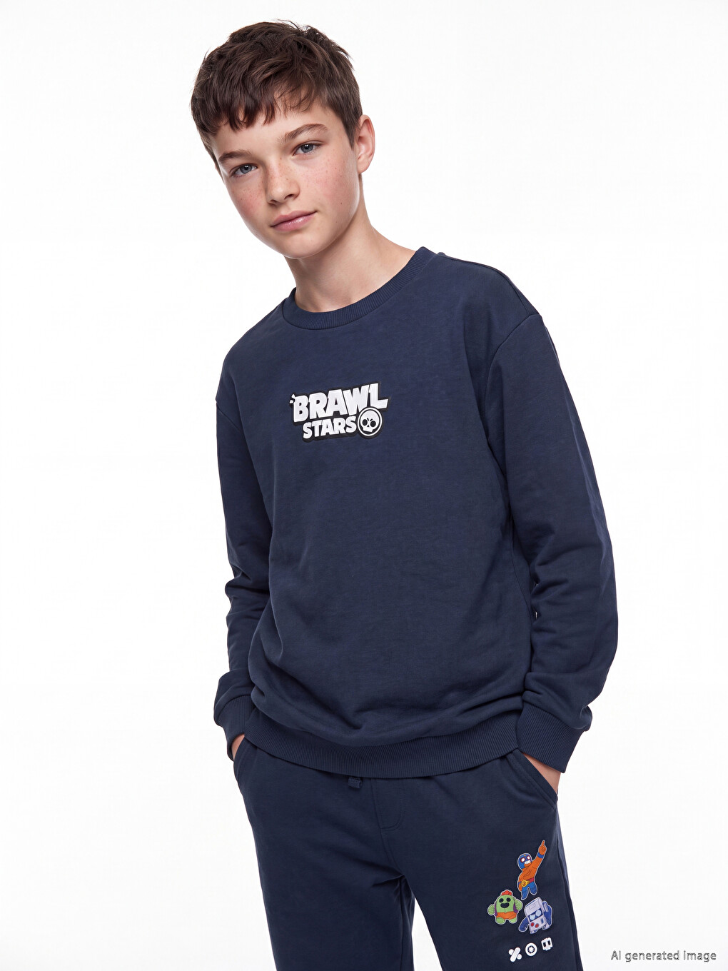 Lacivert Brawl Stars Baskılı Erkek Çocuk Sweatshirt