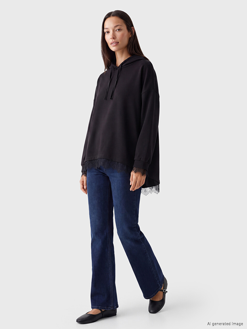 Siyah Dantel Detaylı Soft Touch Oversize Kadın Hoodie-1
