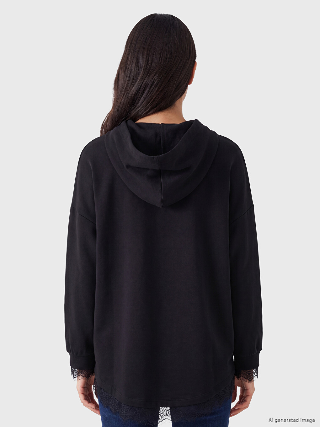 Siyah Dantel Detaylı Soft Touch Oversize Kadın Hoodie-3
