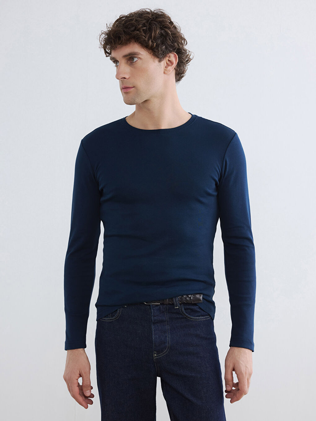 Lacivert Bisiklet Yaka Uzun Kollu Ribana Erkek Tişört