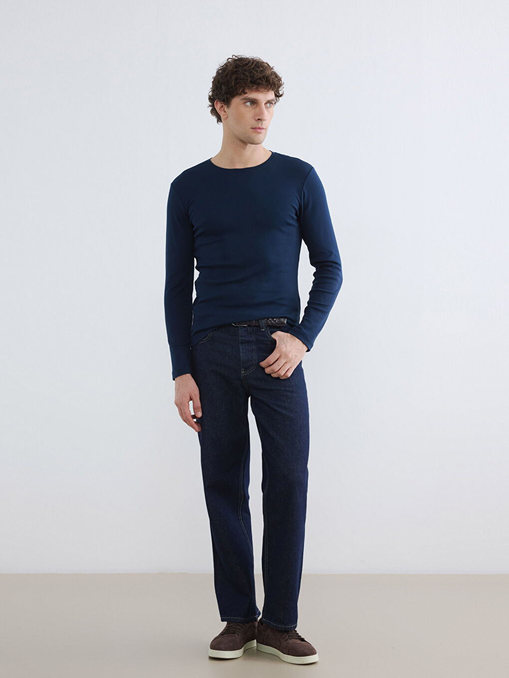 Lacivert Bisiklet Yaka Uzun Kollu Ribana Erkek Tişört-1