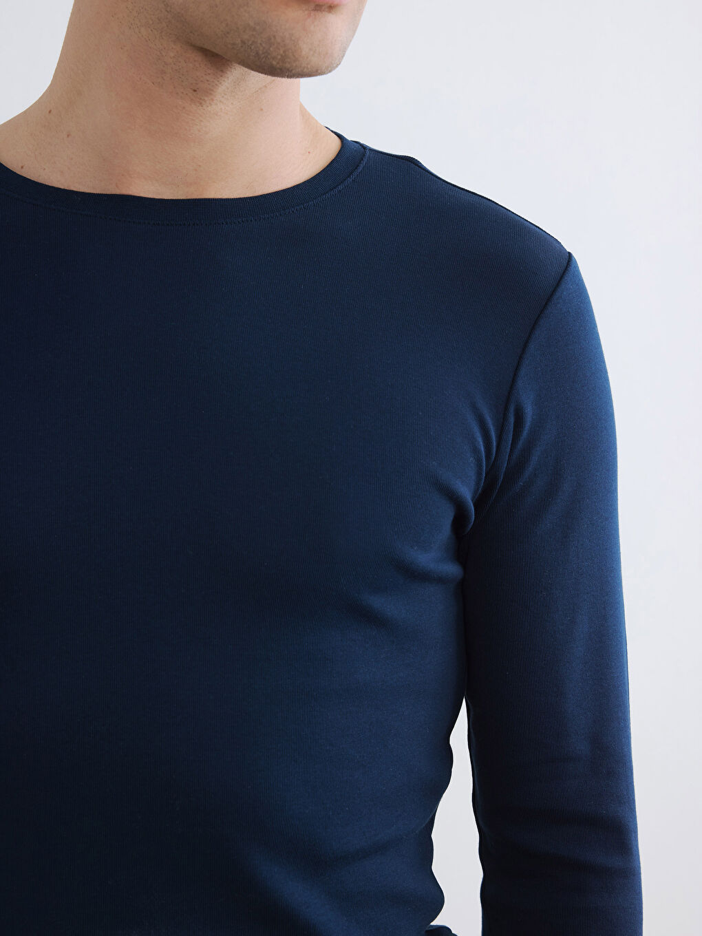 Lacivert Bisiklet Yaka Uzun Kollu Ribana Erkek Tişört-2