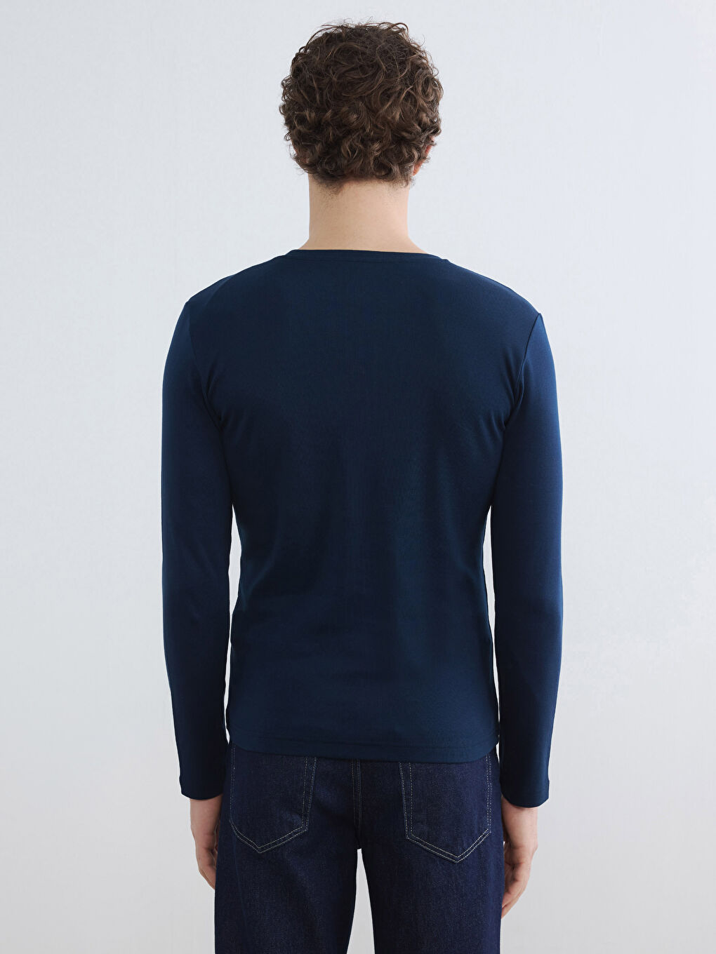 Lacivert Bisiklet Yaka Uzun Kollu Ribana Erkek Tişört-3