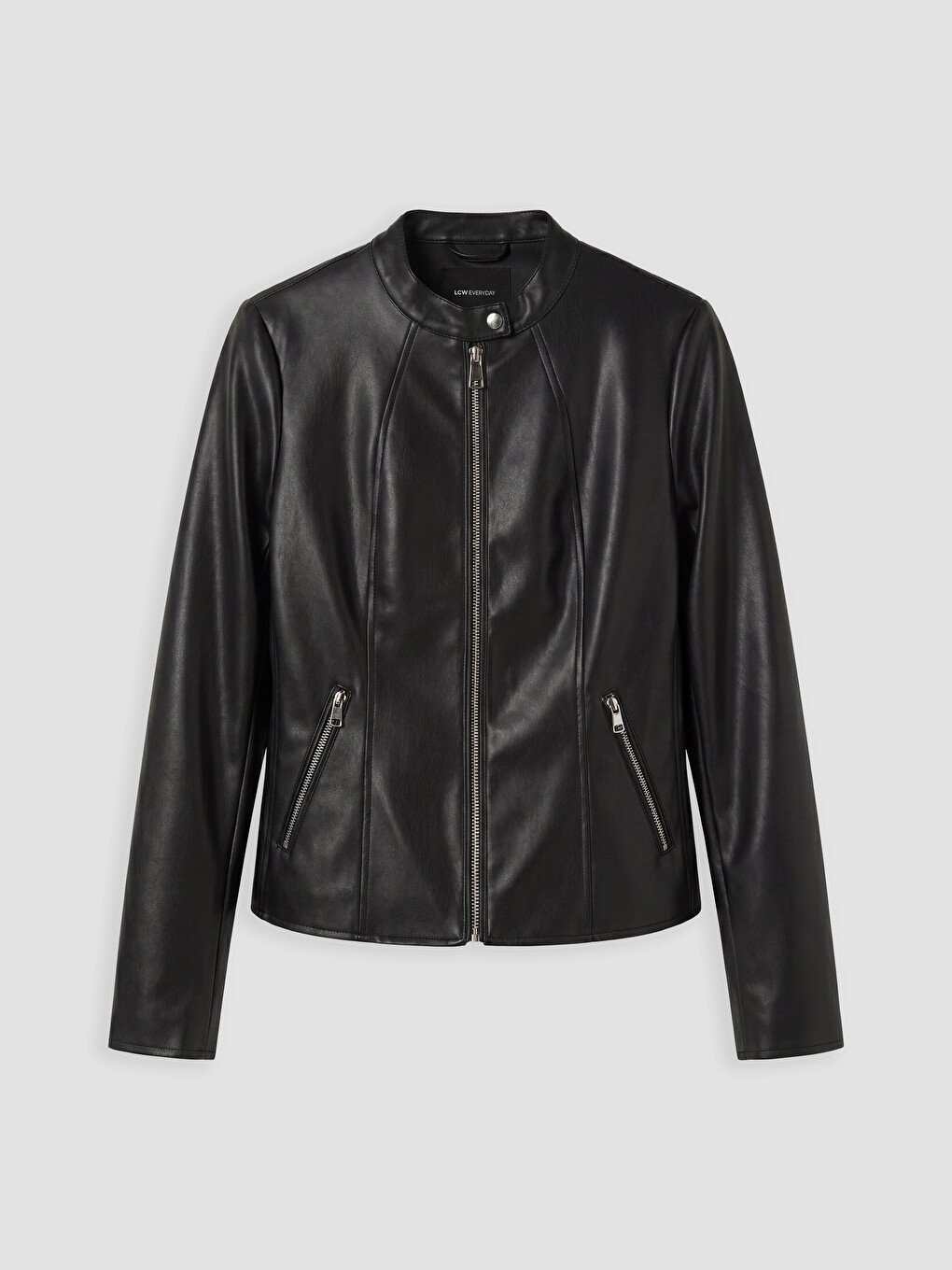 Crew Neck Women's Faux Leather Jacket-4