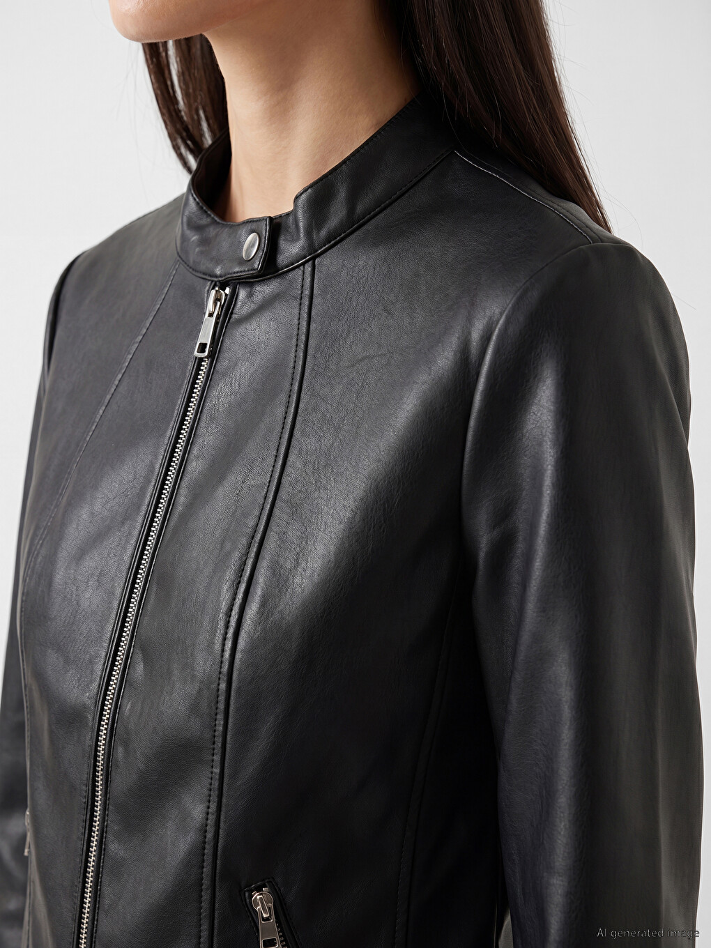Crew Neck Women's Faux Leather Jacket-2