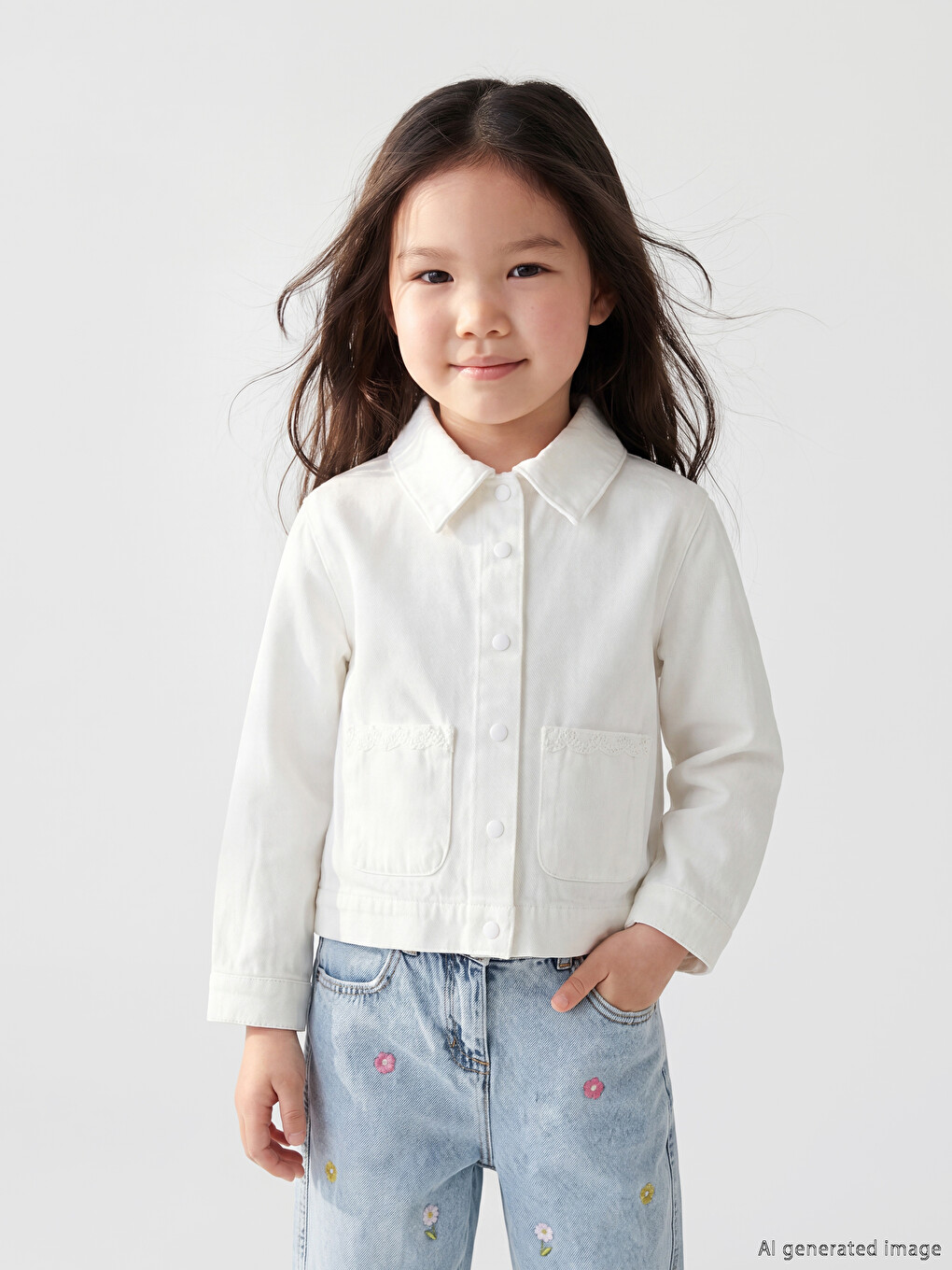 Mavi Çiçek Nakışlı Kız Çocuk Jean Pantolon-1