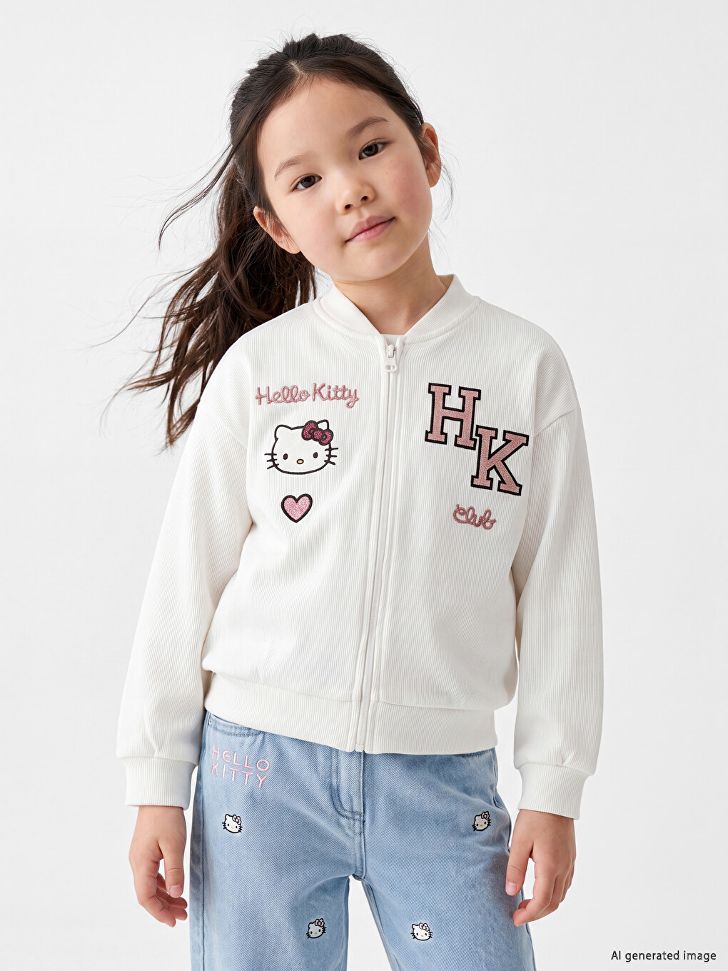 Bej Hello Kitty Baskılı Kız Çocuk Fermuarlı Sweatshirt