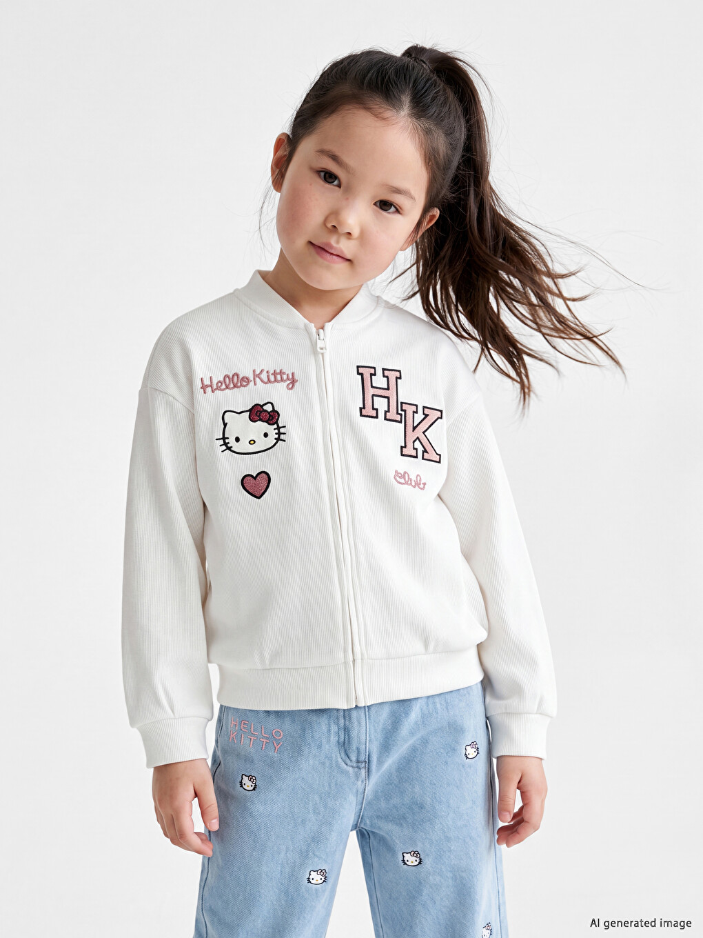 Bej Hello Kitty Baskılı Kız Çocuk Fermuarlı Sweatshirt-1